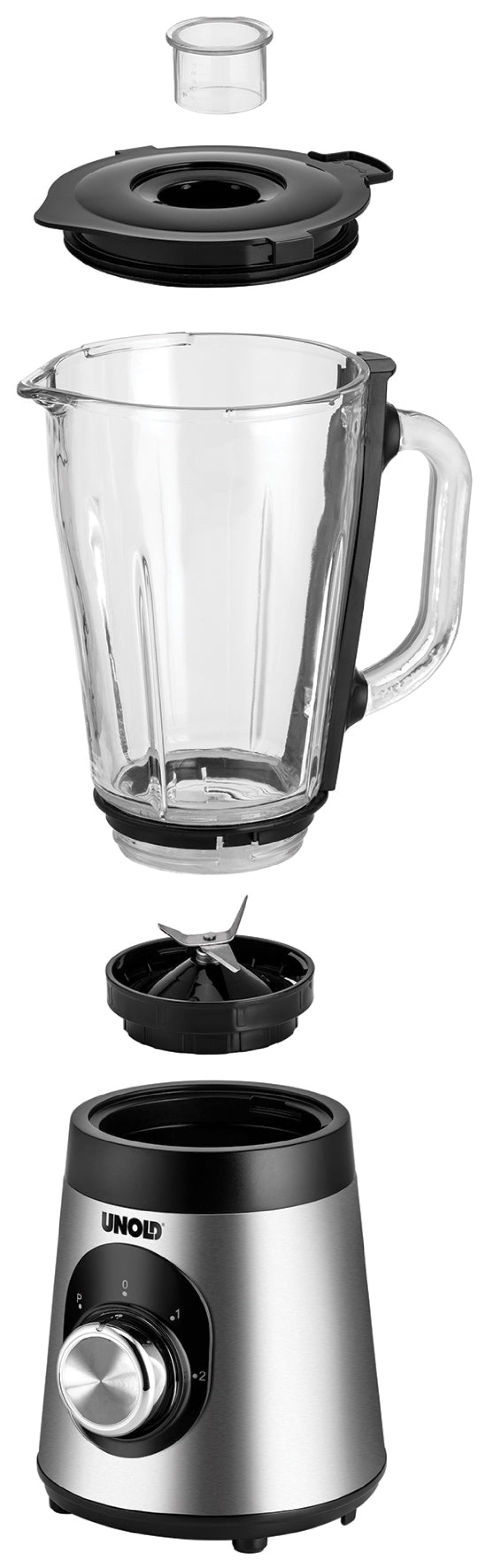 Licuadora desmontada. Componentes incluyen jarra transparente, tapa, ensamblaje de cuchillas y base con dial de control. Marca UNOLD.