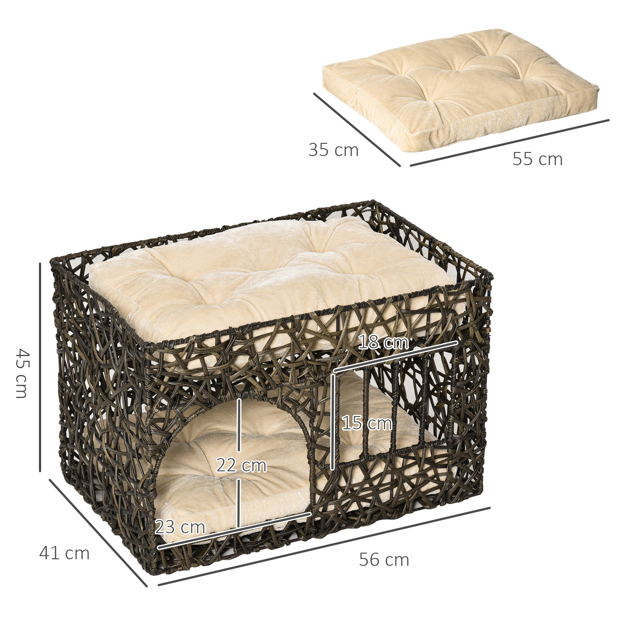 Una casa para mascotas con dimensiones mostradas. Hecha de material marrón tejido, con un cojín beige claro dentro y encima.