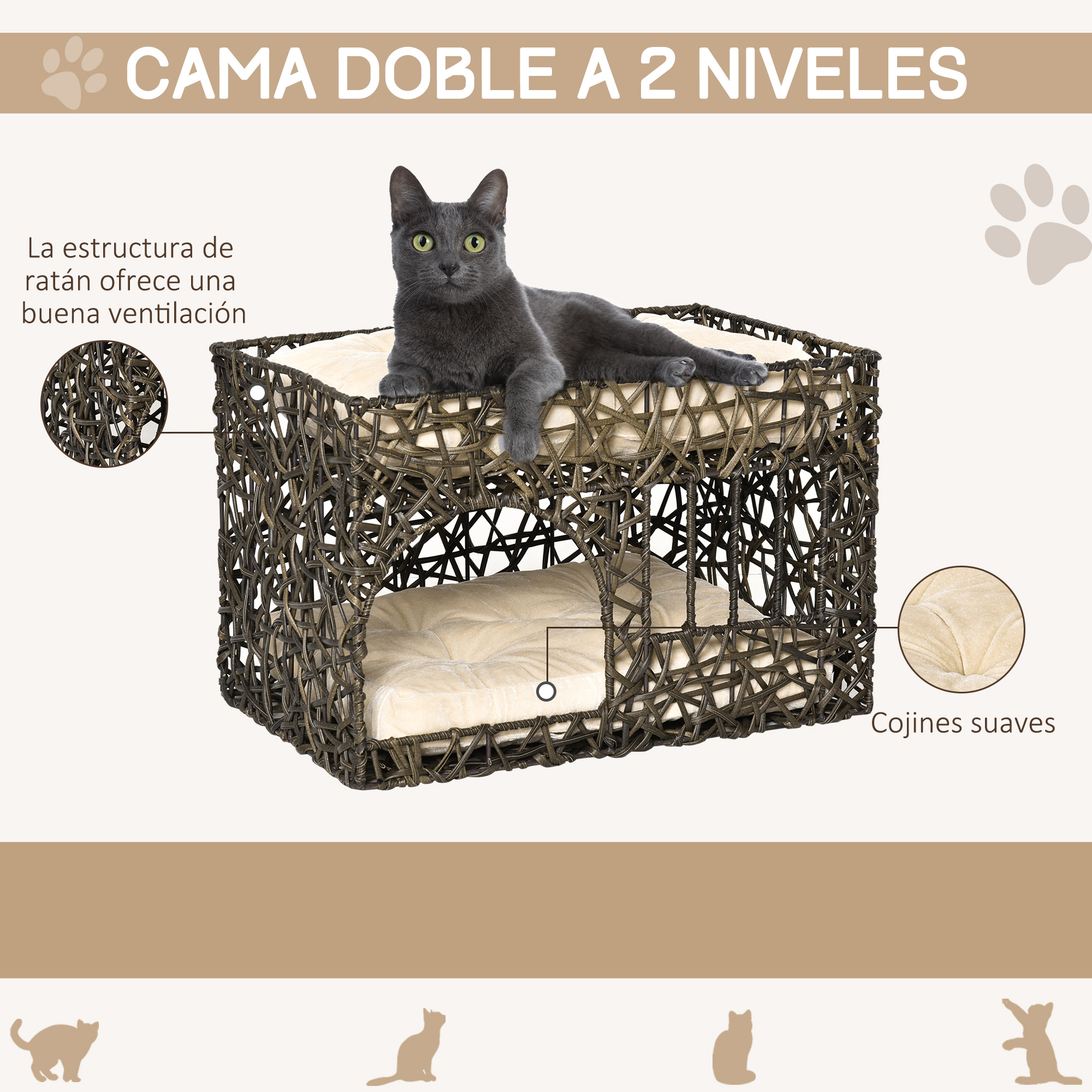 Un gato gris descansa sobre una cama para gatos de dos niveles hecha de material marrón tejido con cojines beige suaves. El texto dice: cama doble.