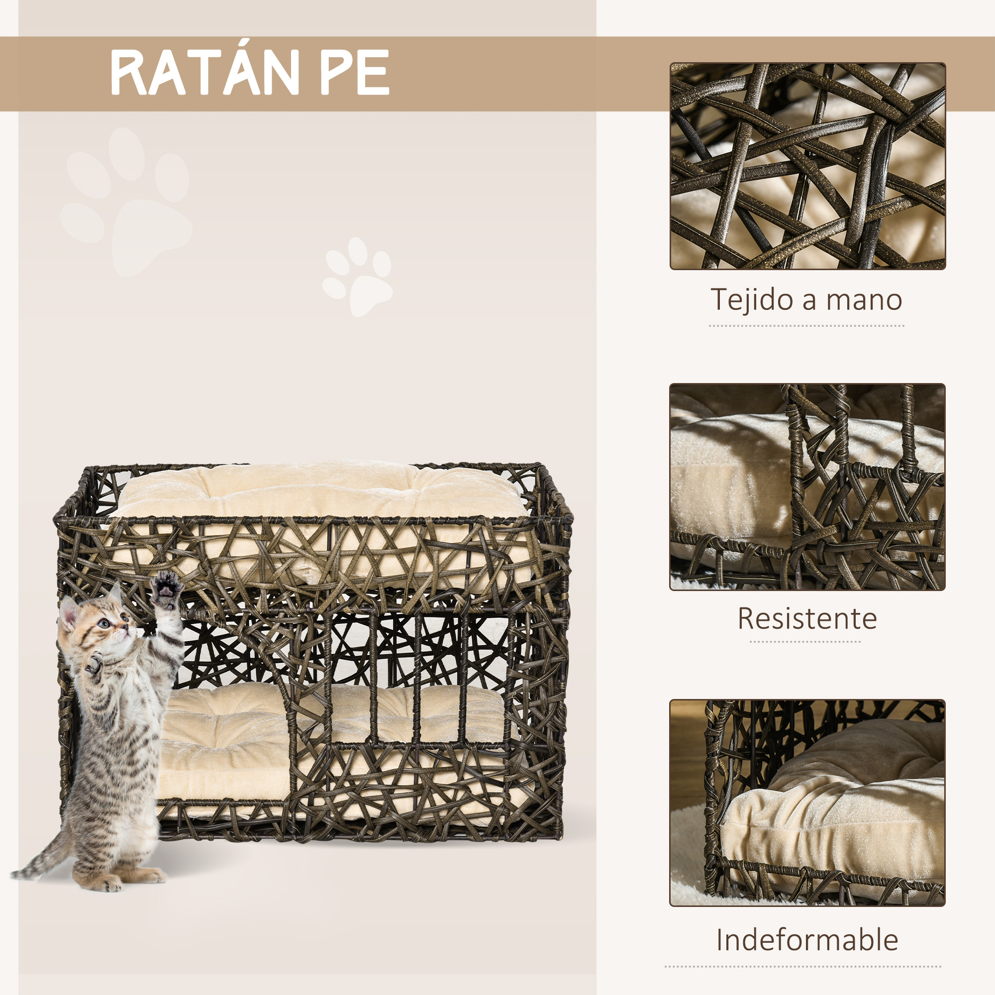 Un gato está de pie junto a una cama tejida para mascotas. La cama tiene cojines color crema y es marrón. Huellas de patas y texto en el fondo.