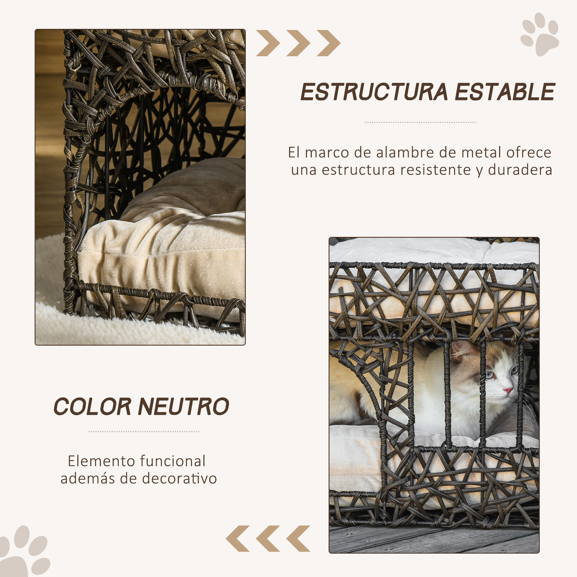 Un gato en una casa para mascotas de mimbre marrón. La casa está sobre una superficie blanca y esponjosa y un suelo de madera. Texto: color neutro, estructura estable.