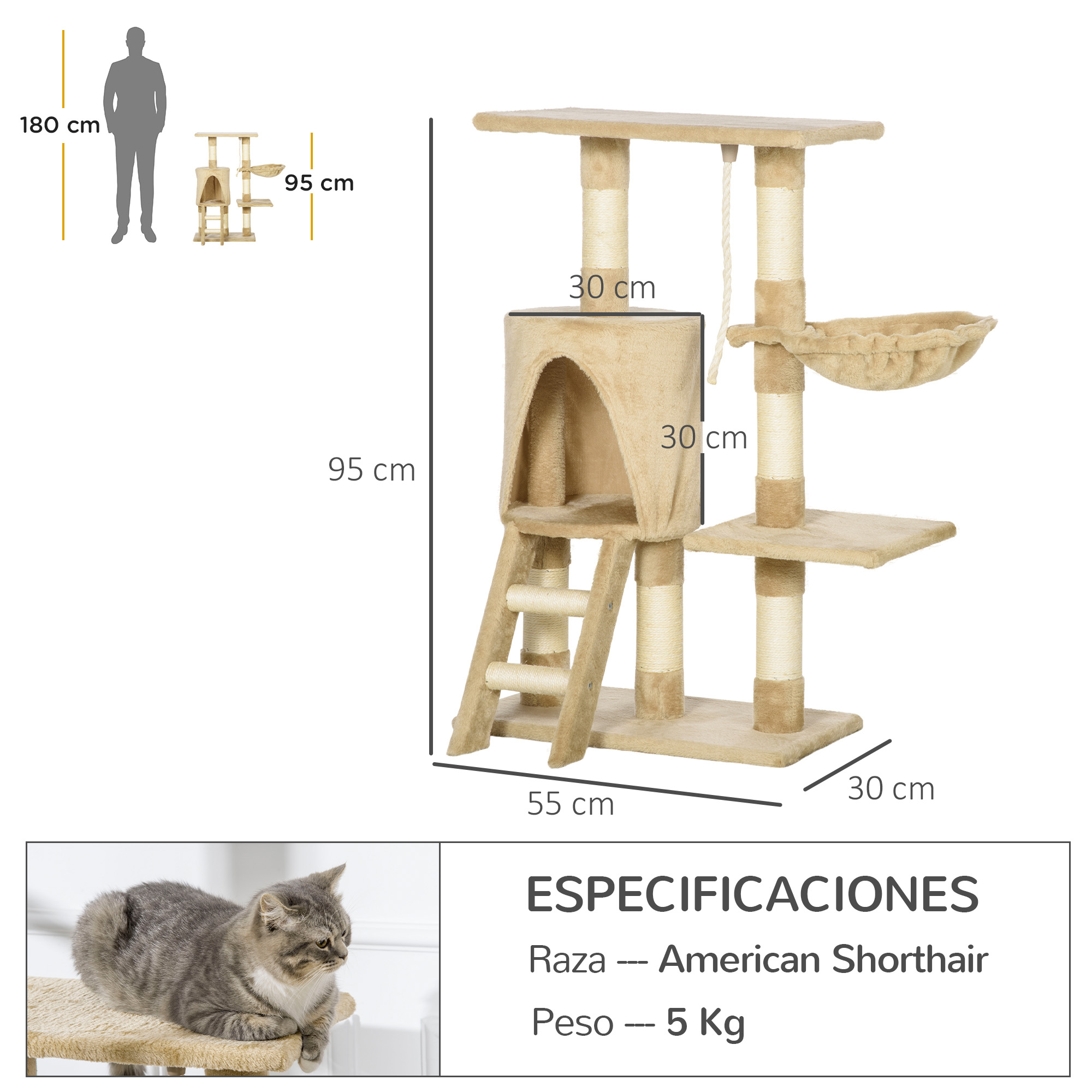 Un árbol para gatos con escalera, cueva, plataformas, cesta y postes rascadores. Un gato está sentado en una de las plataformas. Se enumeran las especificaciones.