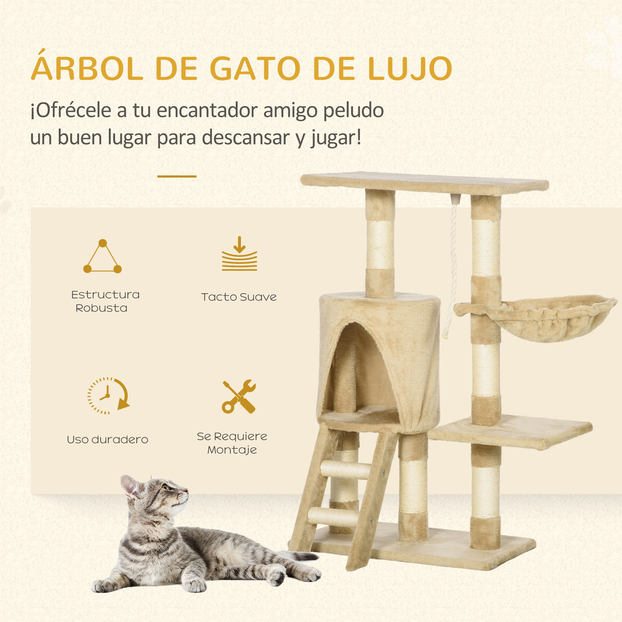 Árbol para gatos con plataformas, una cesta colgante y postes rascadores. Un gato descansa en el suelo.