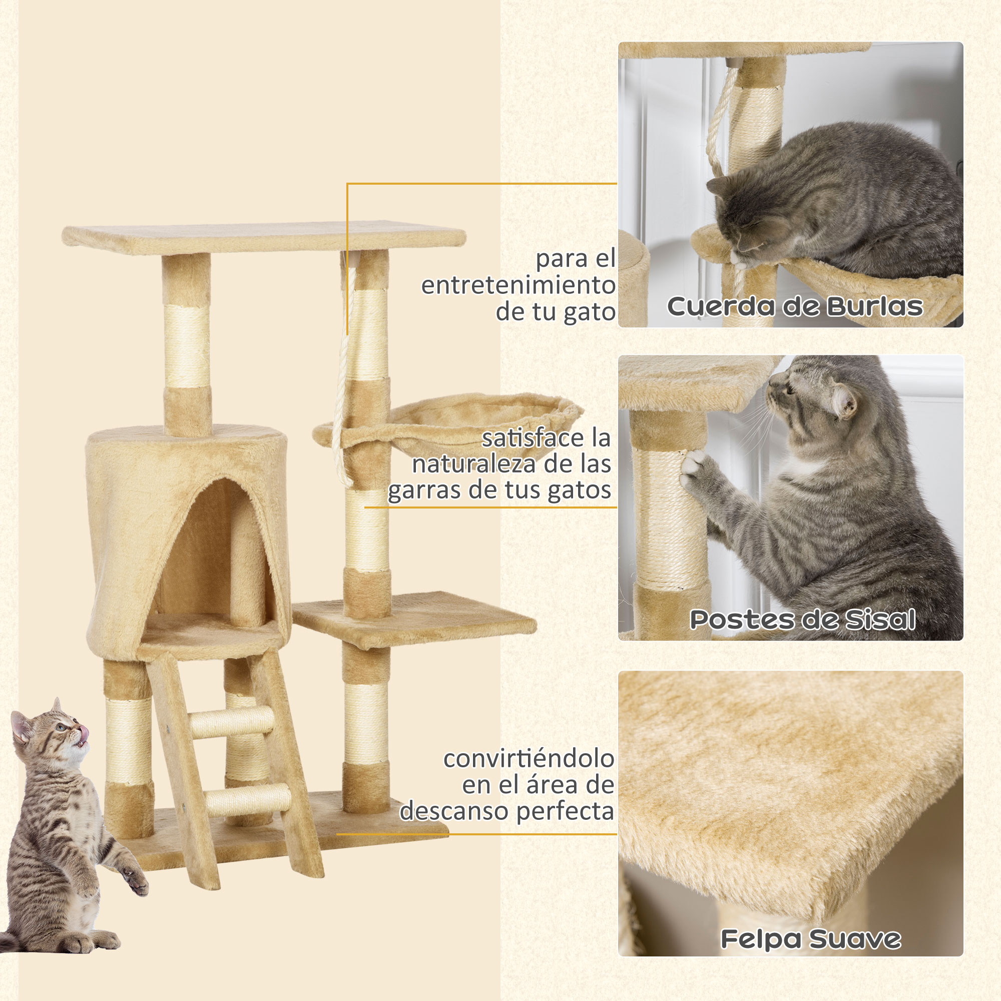 Se muestra un árbol para gatos con plataformas, postes para rascar y una escalera. Un gato mira hacia arriba. El texto indica características como tela suave.