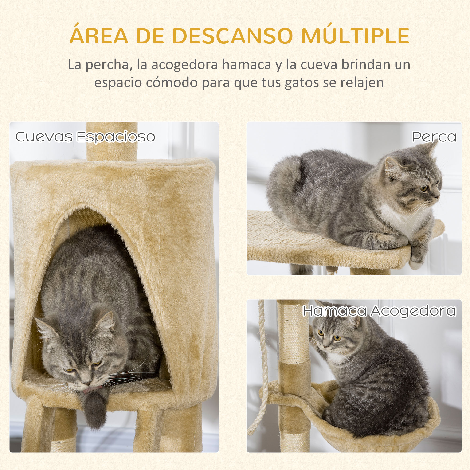 La imagen muestra un árbol para gatos con tres áreas de descanso: una cueva, una percha y una hamaca. Tres gatos las usan.
