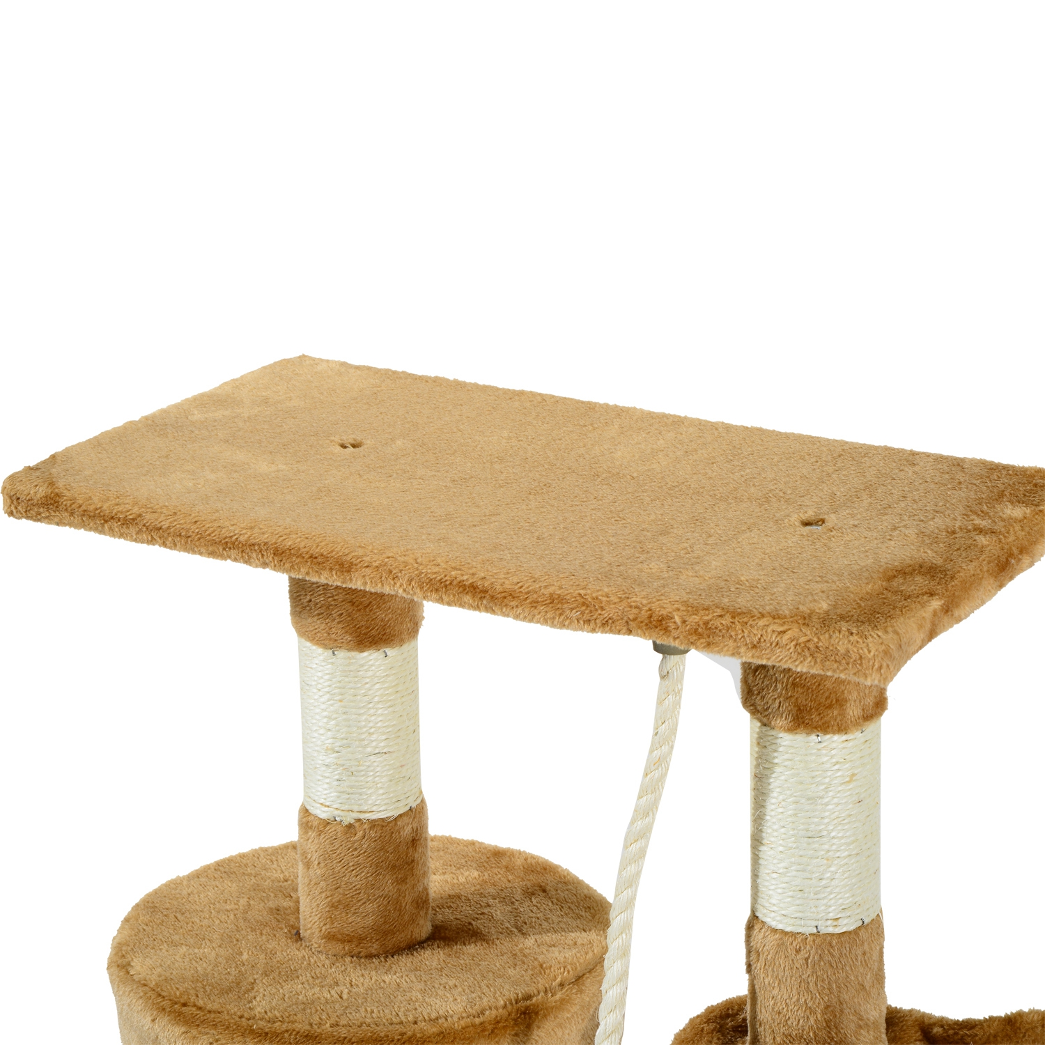 Un rascador para gatos con una parte superior rectangular y dos postes. La parte superior y la base son marrones, los postes están envueltos en cuerda blanca. Cuelga una cuerda blanca.