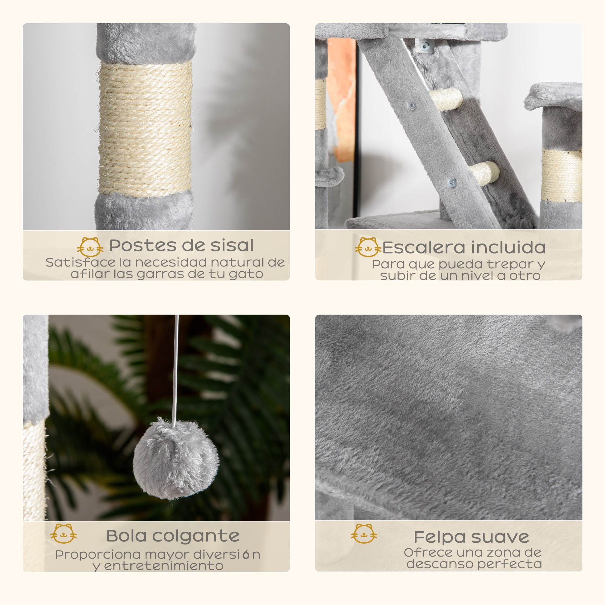 Árbol para gatos con postes de sisal, escalera, bola colgante y felpa suave. Color gris. Ofrece áreas para rascar, trepar y descansar para gatos.