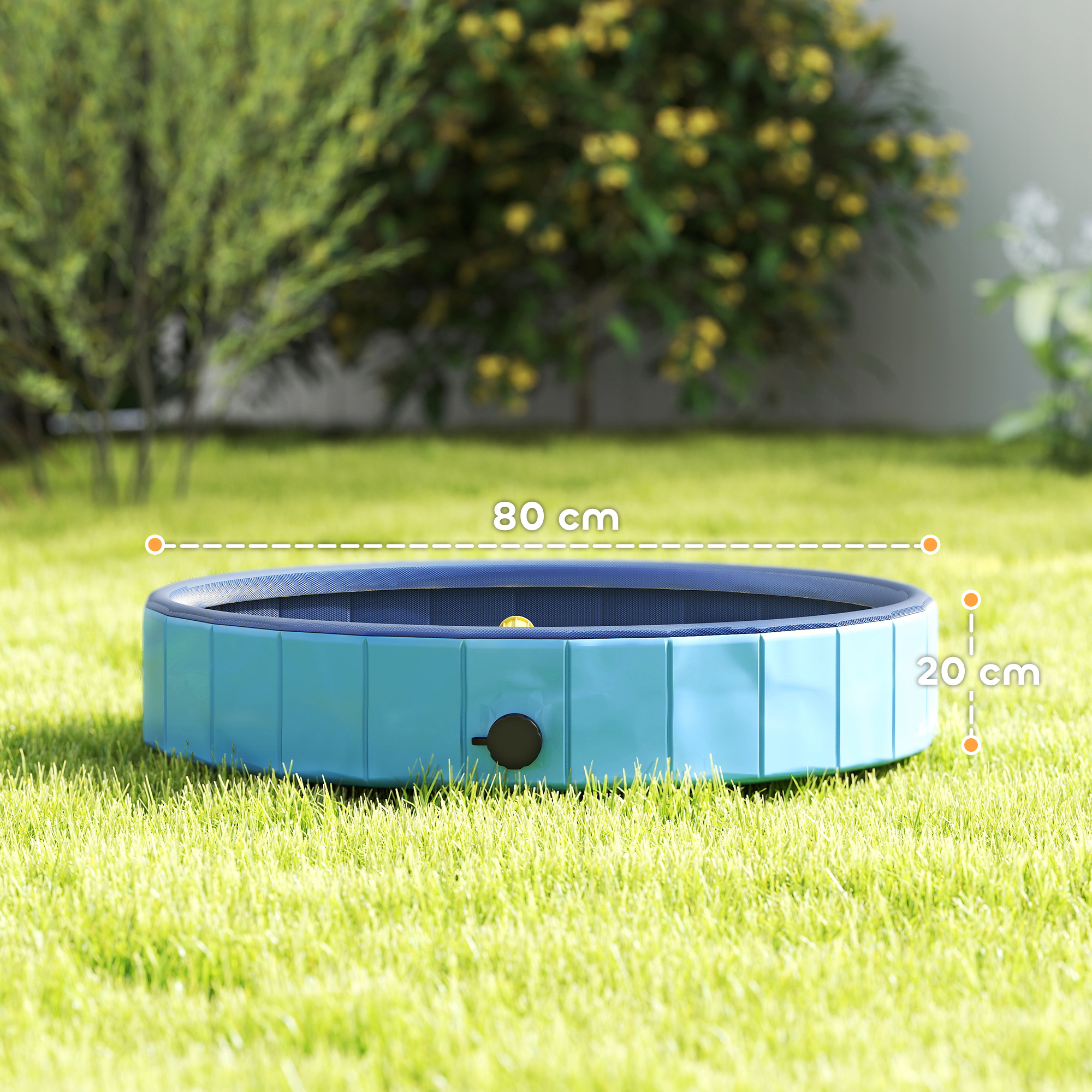 Una piscina azul para perros sobre hierba verde. Dimensiones: 80 cm de ancho, 20 cm de alto. Fondo: arbustos verdes y pared blanca.