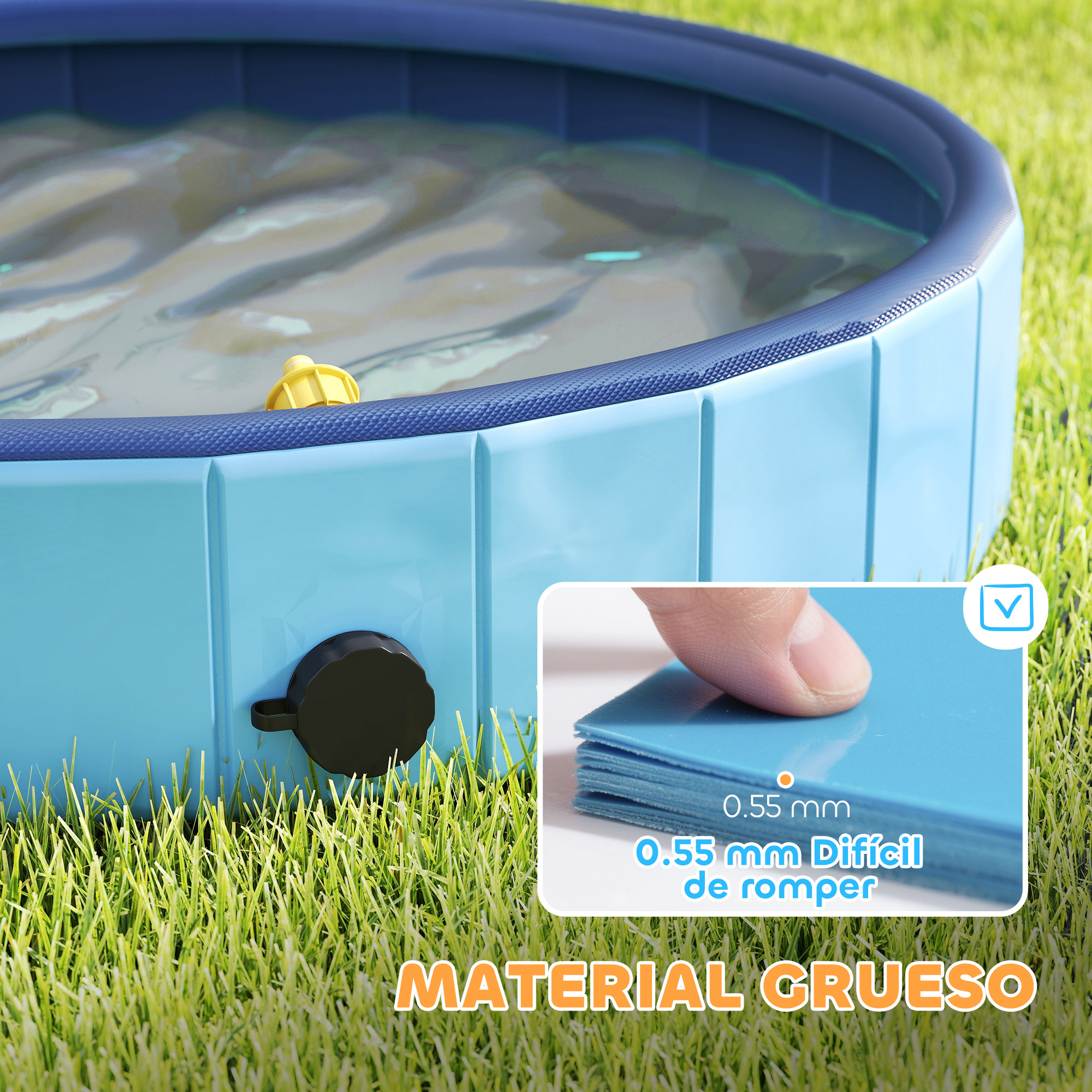 Una piscina inflable azul y blanca sobre hierba verde. Un primer plano muestra el grosor del material. El texto dice: material grueso.