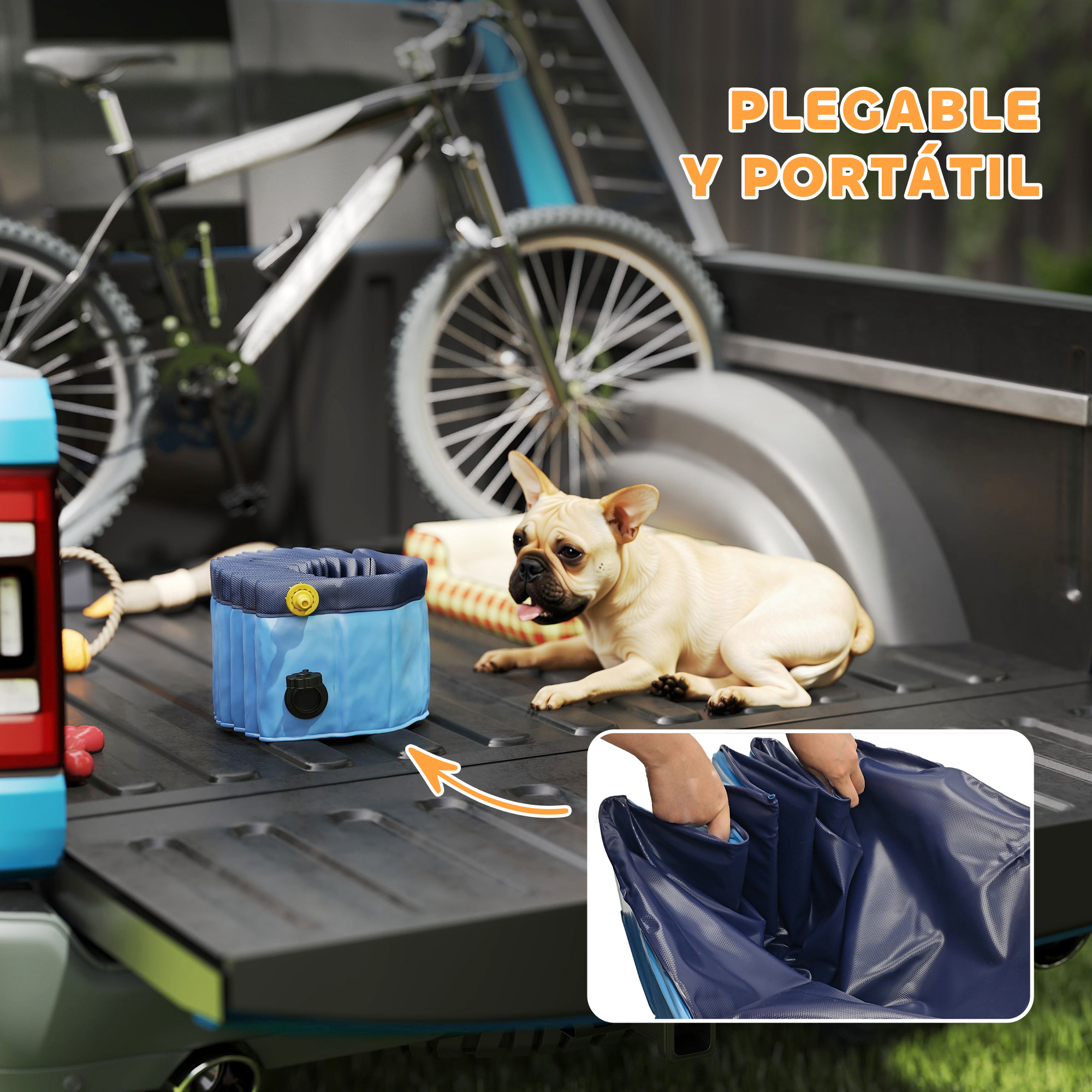 Un perro yace en la plataforma de una camioneta. Una piscina azul plegable para perros y una bicicleta están en el fondo. El texto dice 'Plegable y portátil'.