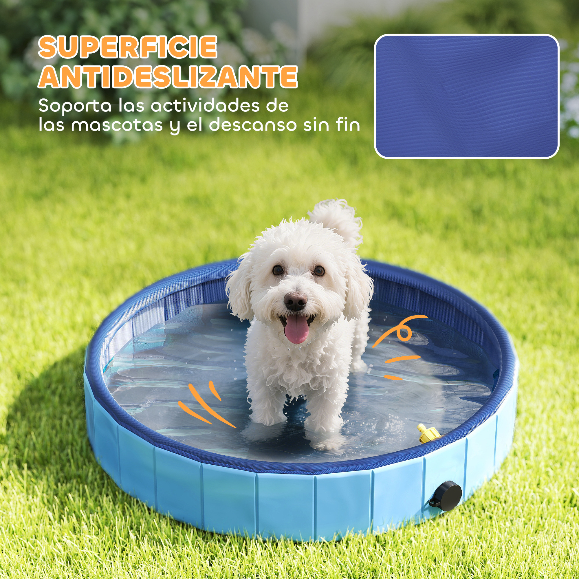 Un perro blanco en una piscina azul sobre hierba. El perro sonríe con la lengua fuera. El texto dice 'superficie antideslizante'.