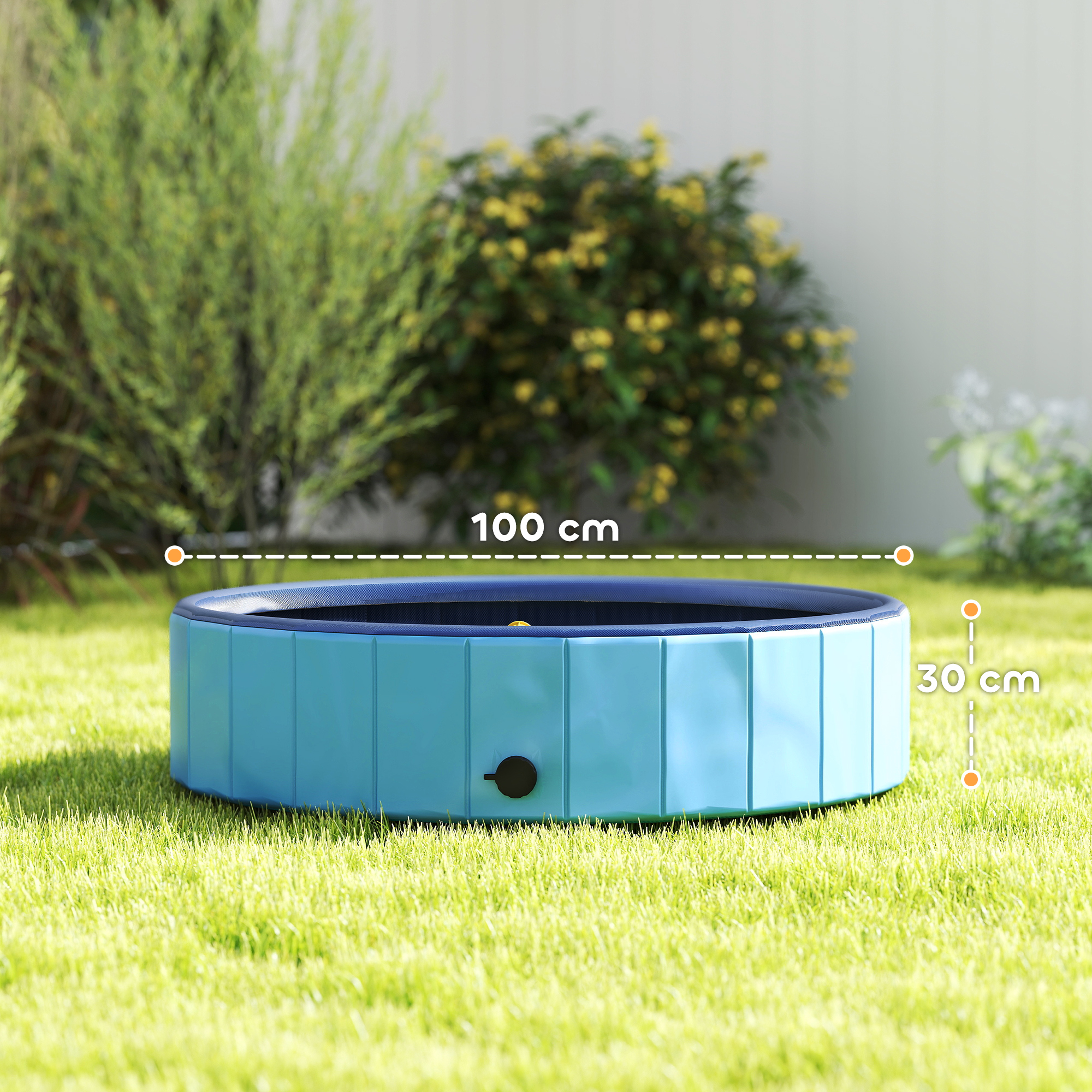 Una piscina azul para perros sobre césped verde en un jardín. Se muestran las dimensiones. El fondo incluye arbustos y una pared blanca.