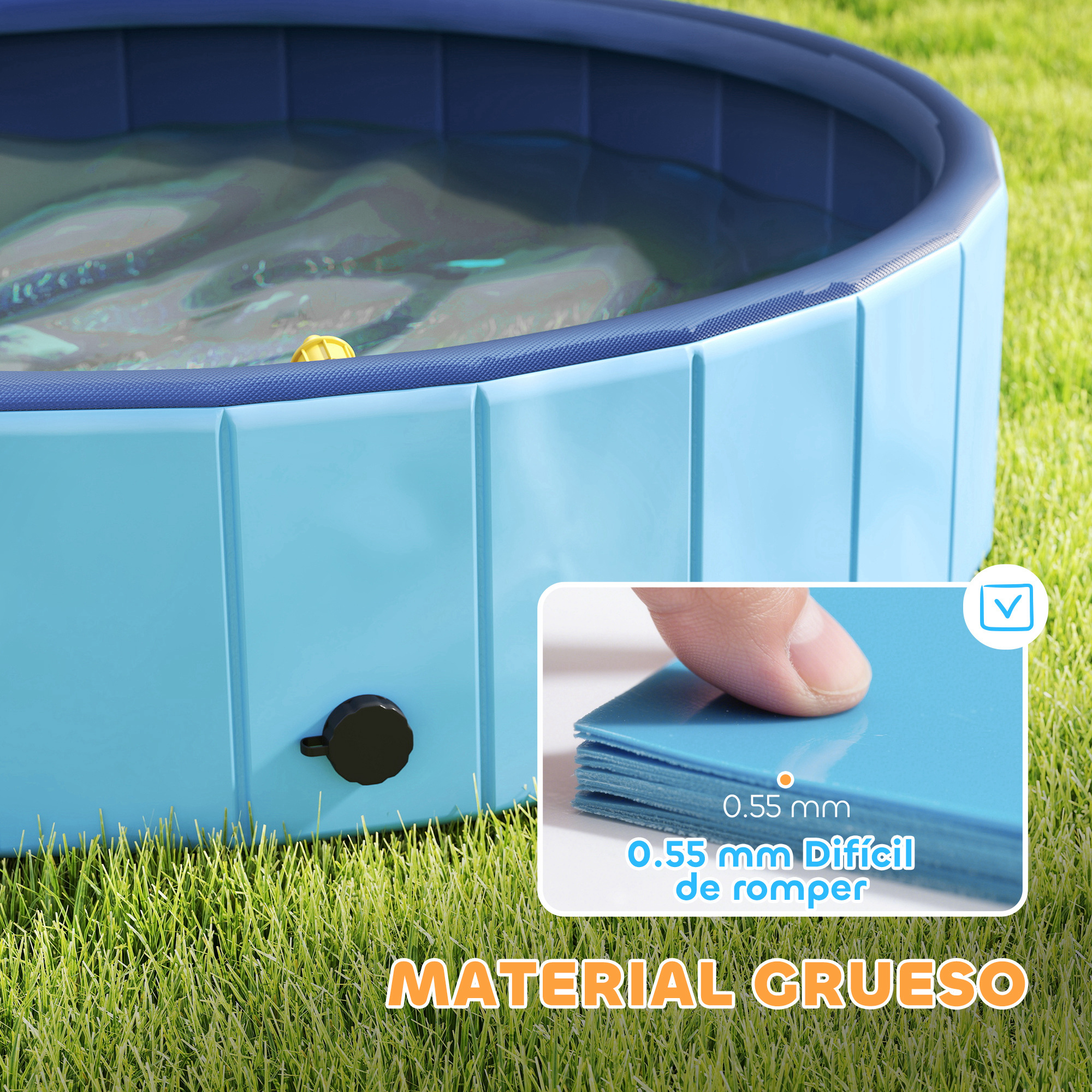 Piscina azul para perros en césped. Detalle muestra el grosor del material y texto: 'MATERIAL GRUESO'.