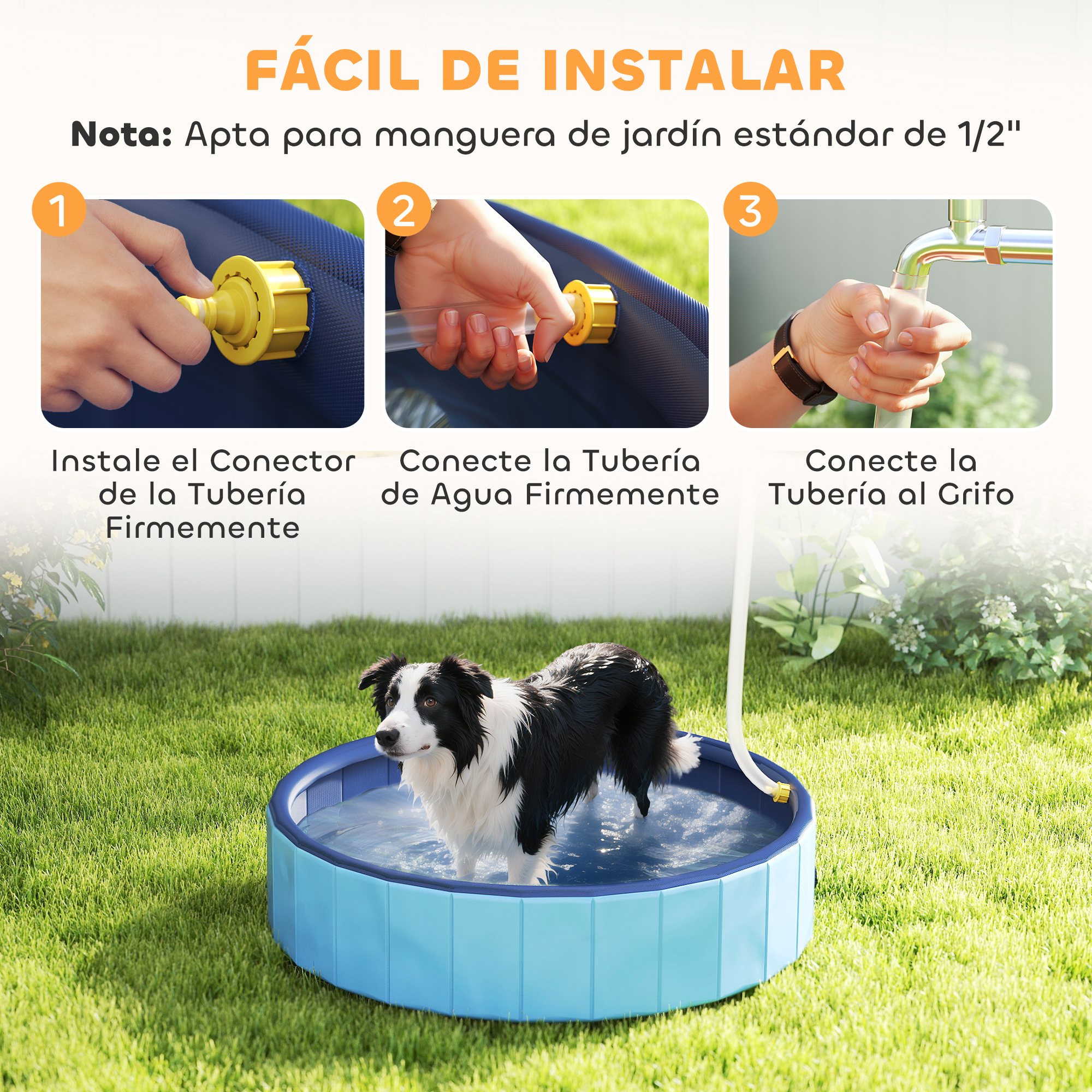 Perro en una piscina azul conectado a un grifo. Las instrucciones muestran la conexión de las piezas. Hierba verde rodea la piscina.