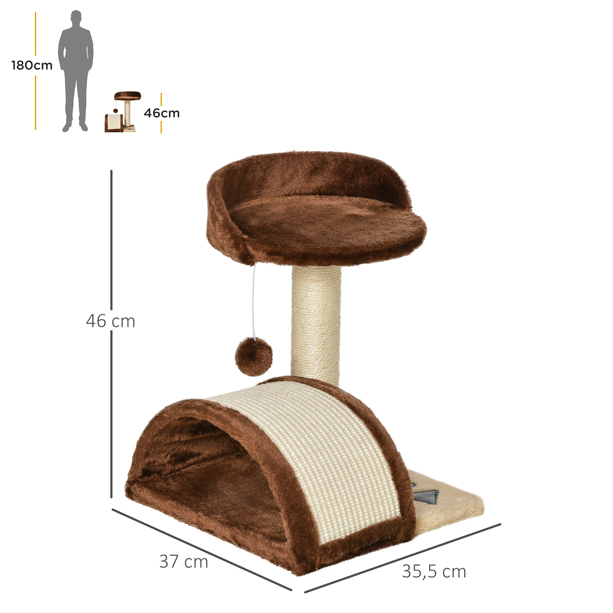 Un árbol para gatos con parte superior marrón, túnel y rascador. Dimensiones y silueta humana visibles.