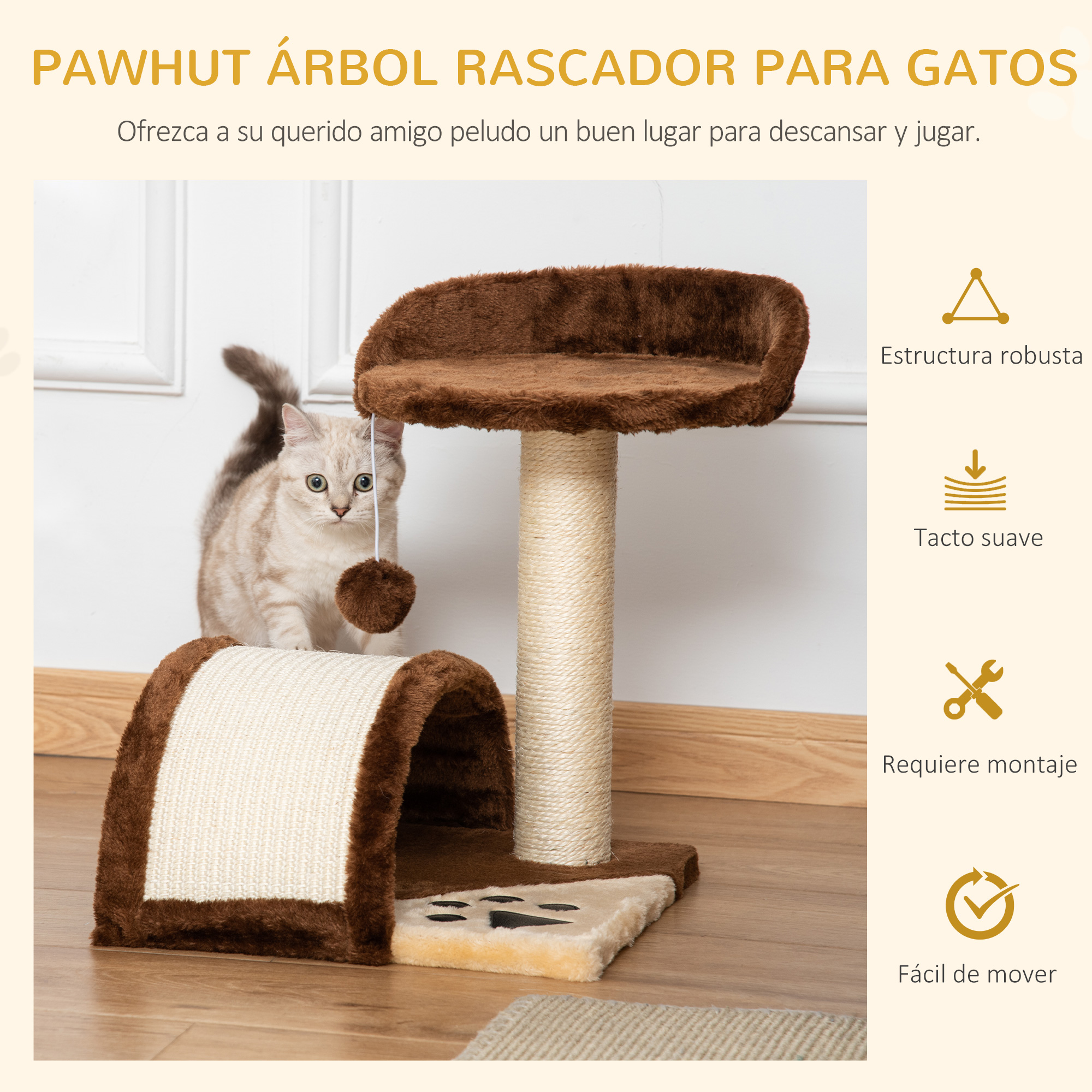 Un rascador para gatos con base marrón, poste rascador, casa y gato. El gato es de color claro.