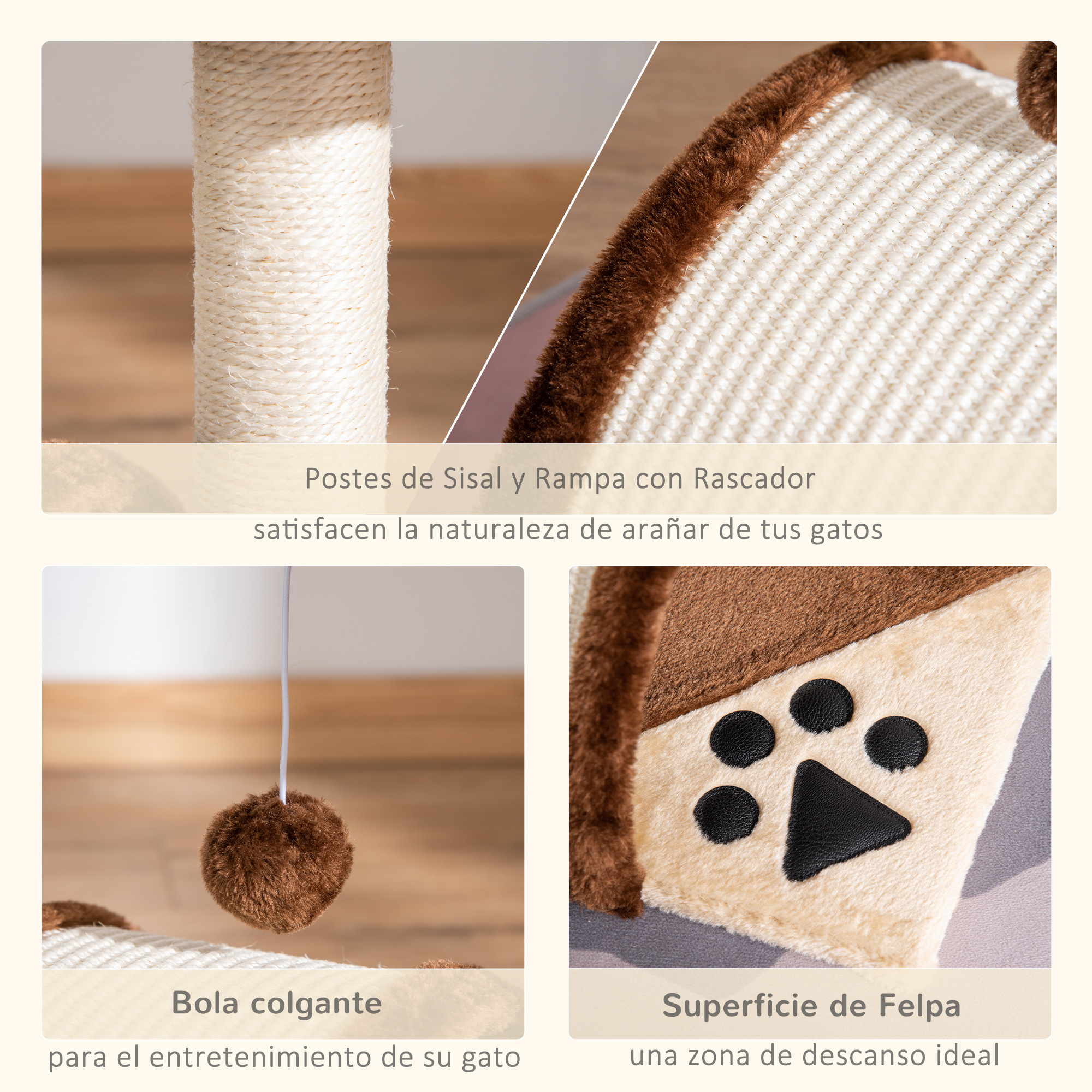 Árbol para gatos con postes de sisal, rampa rascadora, bola colgante y superficie suave con huellas.
