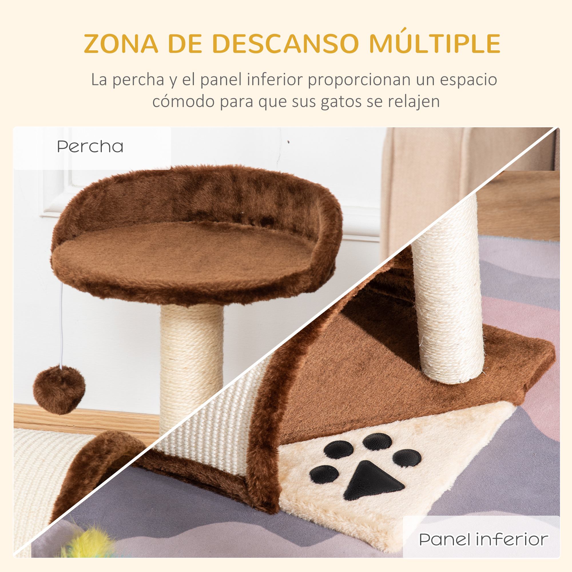 Un árbol para gatos con una percha marrón y un panel inferior con una huella de pata, con un poste envuelto en cuerda blanca.