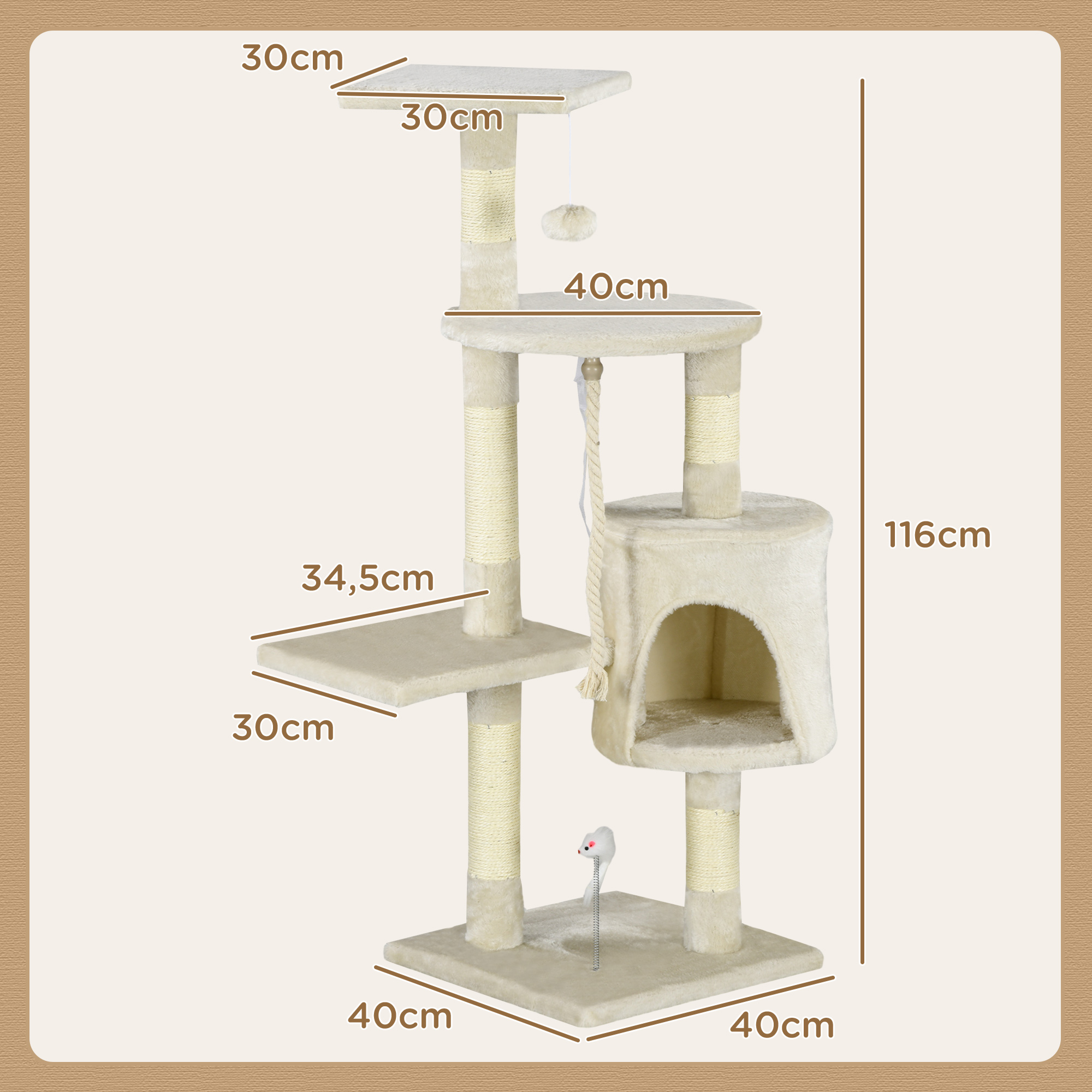 Árbol para gatos beige con múltiples niveles, postes rascadores y un juguete colgante. Se muestran las dimensiones.