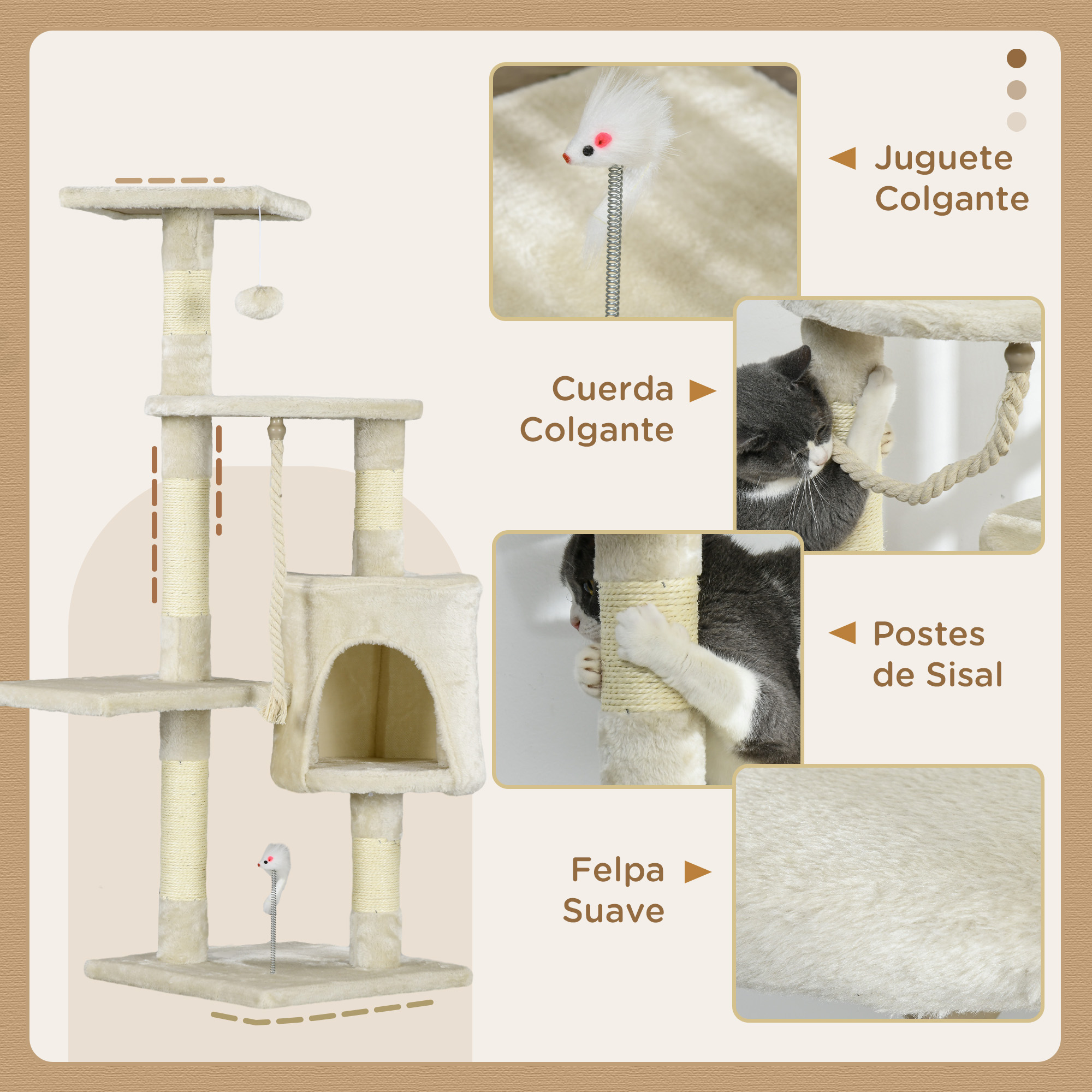 Un árbol para gatos beige con un gato. Características: juguete colgante, postes para rascar y superficie suave y peluda.