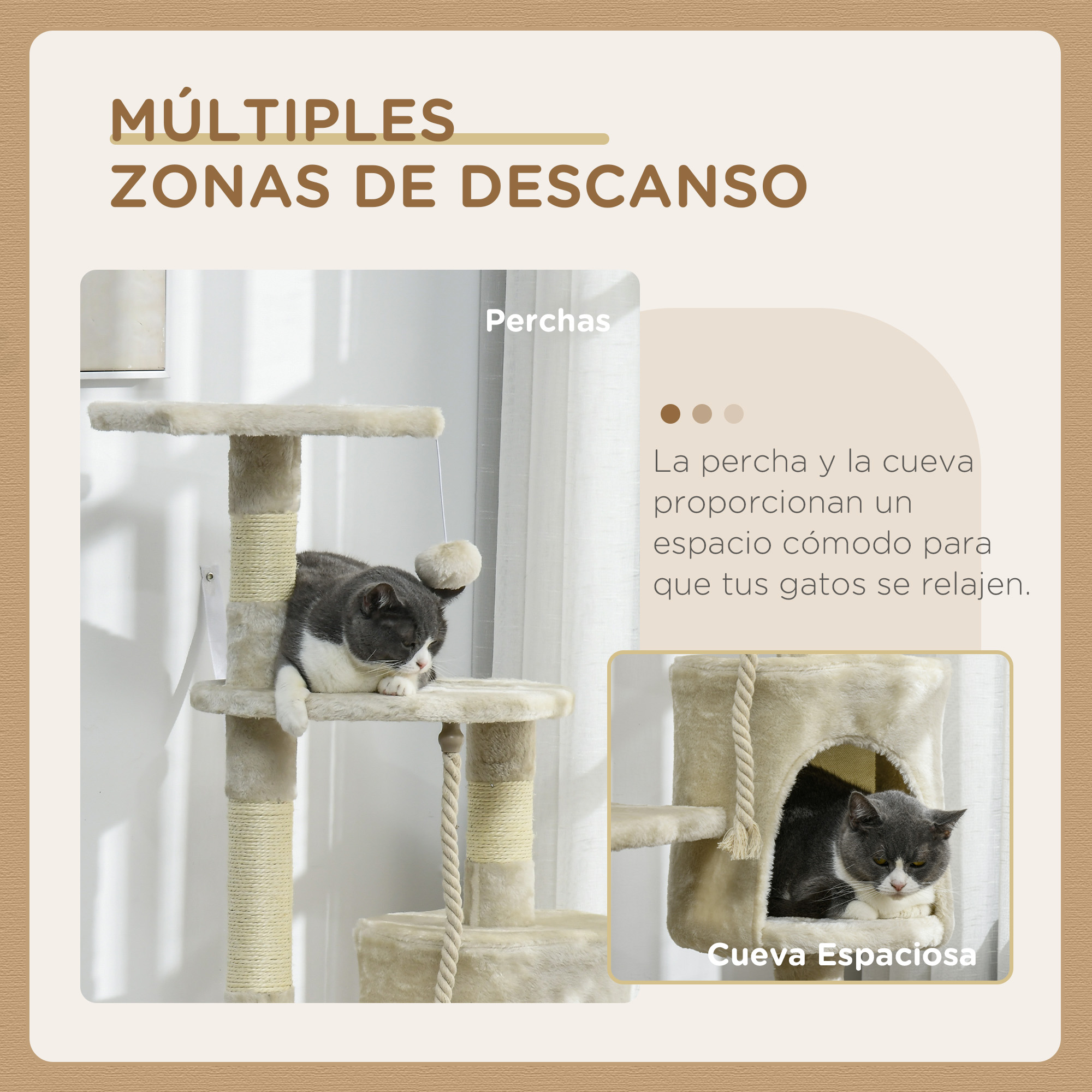 Un árbol para gatos con dos gatos. Uno está en una percha, otro en una cueva espaciosa. El árbol tiene niveles.