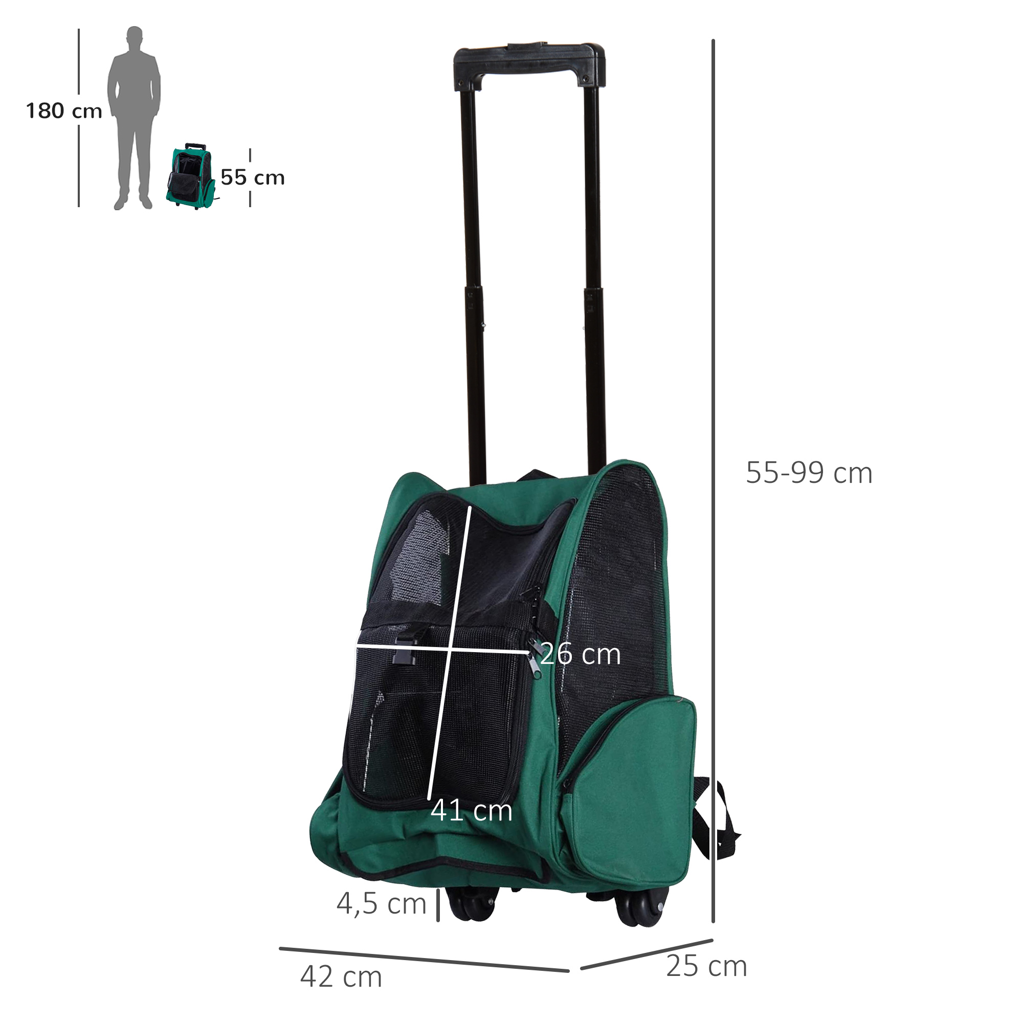 Transportín verde para mascotas con ruedas. Tiene un asa retráctil, las dimensiones se muestran con medidas. El transportín mide 55-99 cm de alto.