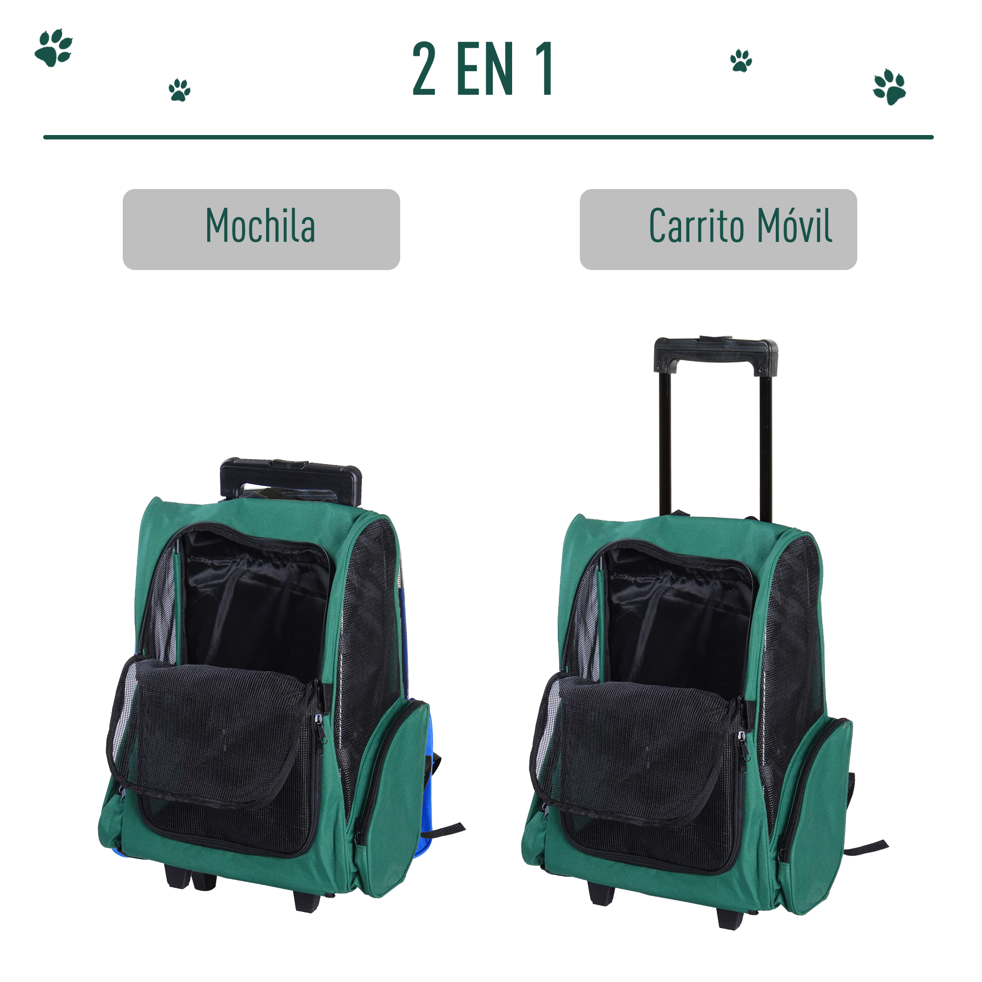 Transportín verde para mascotas, uno con correas de mochila, el otro con asa y ruedas. Ambos tienen frentes de malla negra y bolsillos laterales.