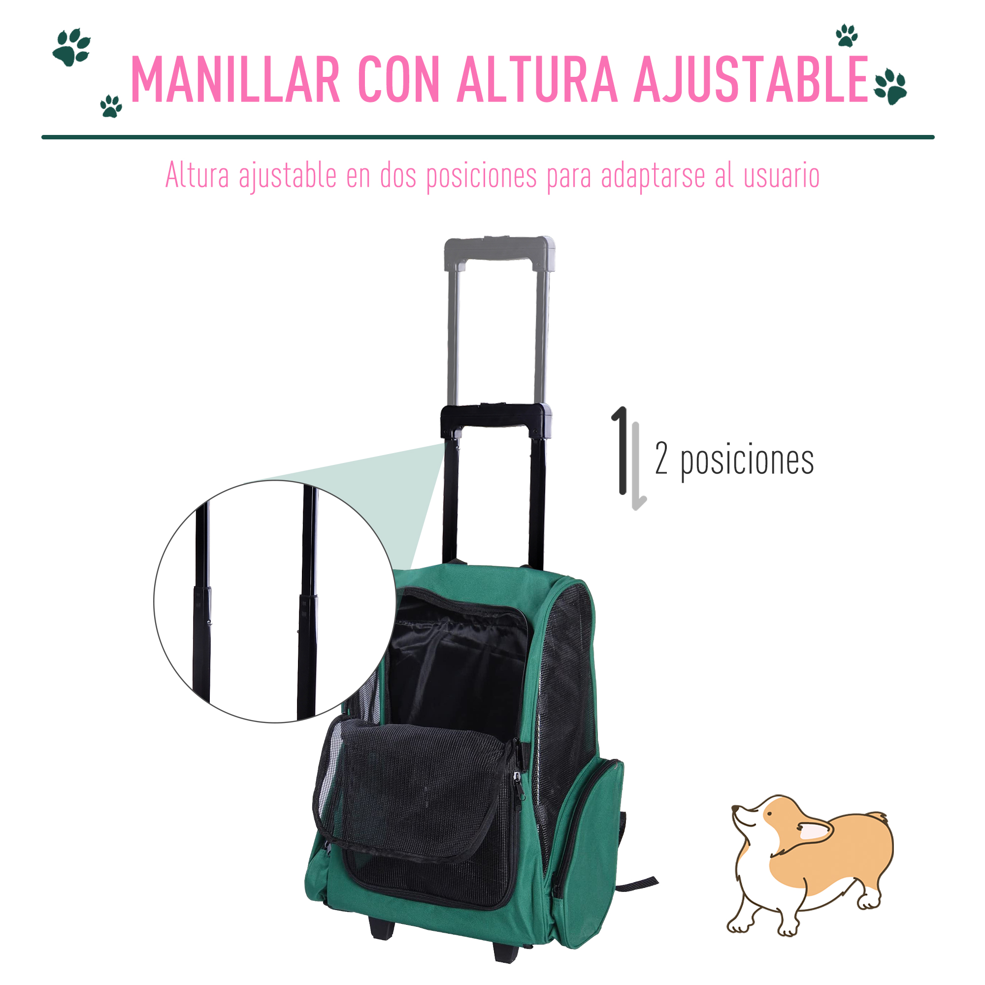 Transportín verde para mascotas con asa ajustable. Tiene un dibujo de corgi. El texto dice altura ajustable en dos posiciones para el usuario.