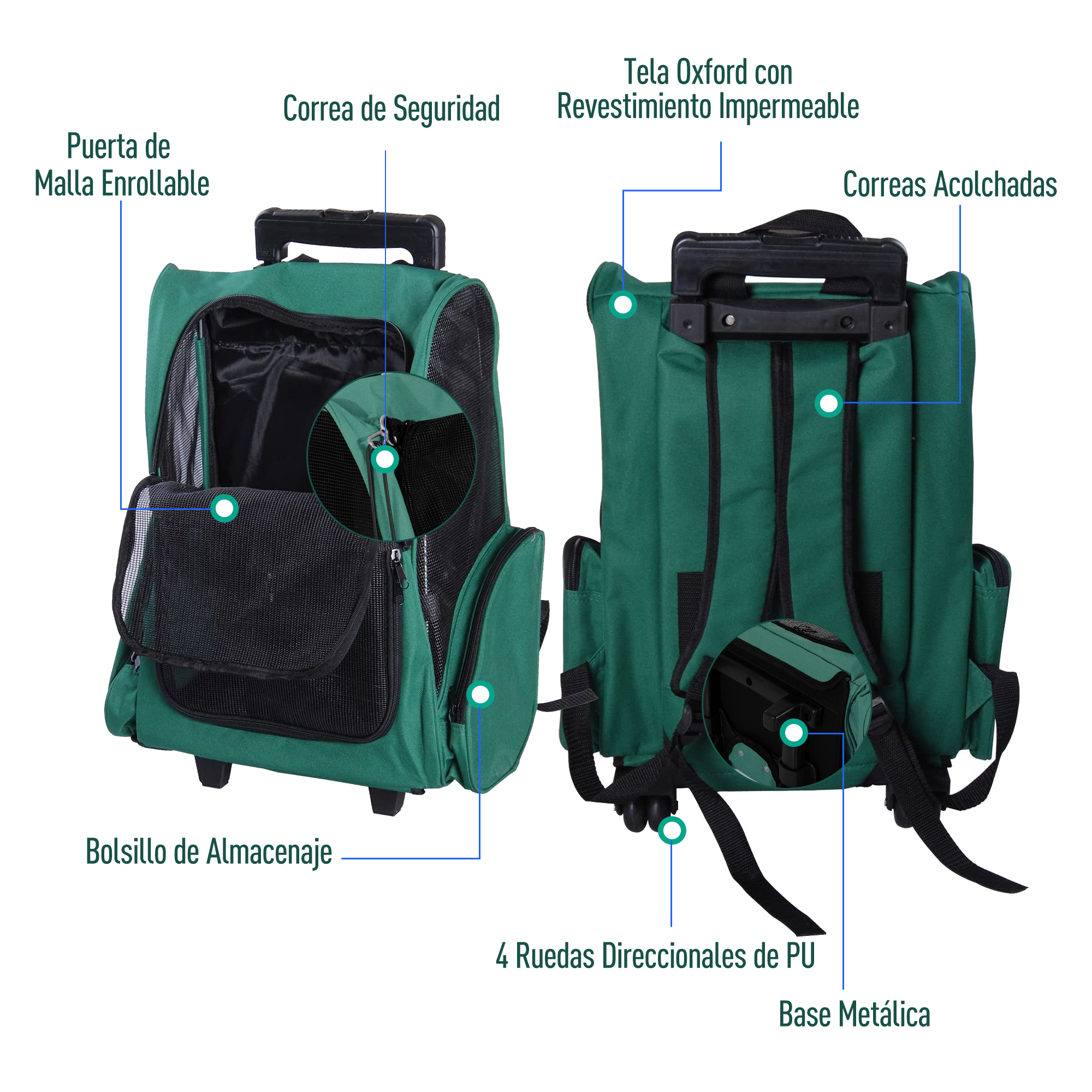 Transportín verde para mascotas con ruedas, puerta de malla, bolsillo y correas acolchadas. Etiquetado con texto en español.