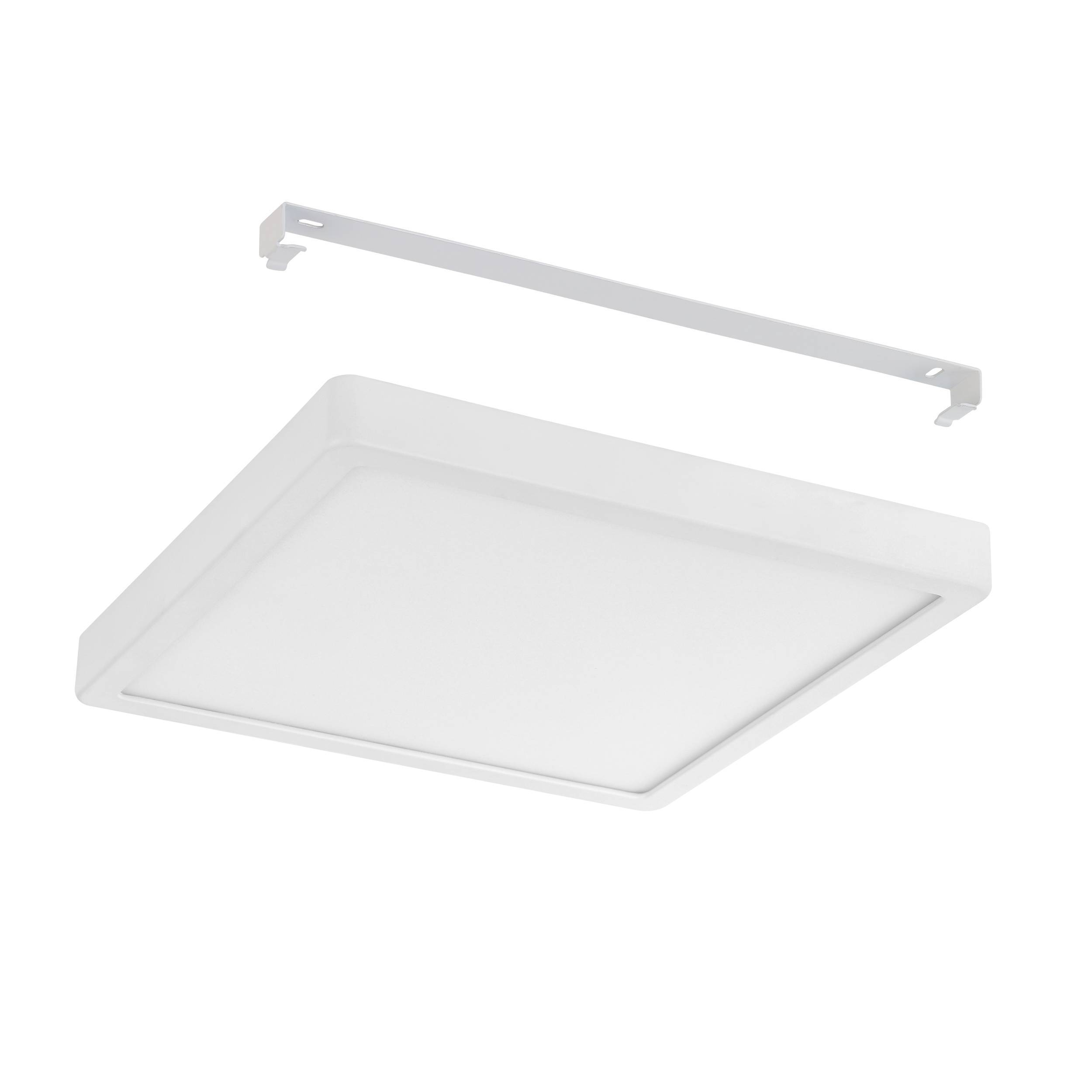Un apparecchio di illuminazione a LED quadrato bianco con staffa di montaggio sopra, su sfondo bianco.