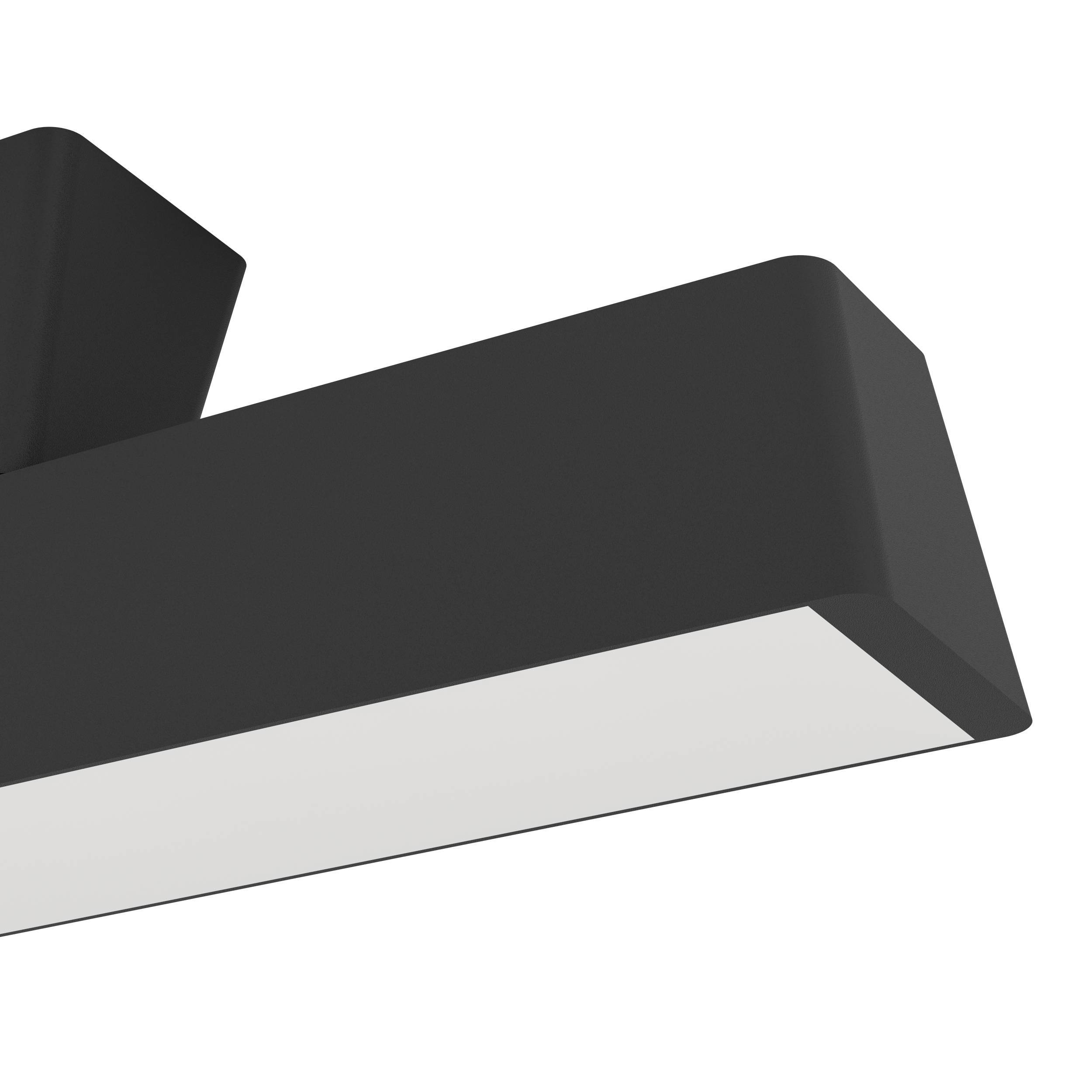 Eine schwarze, rechteckige Leuchte ist abgewinkelt, mit einer weißen Lichtfläche unten. Der Hintergrund ist weiß.