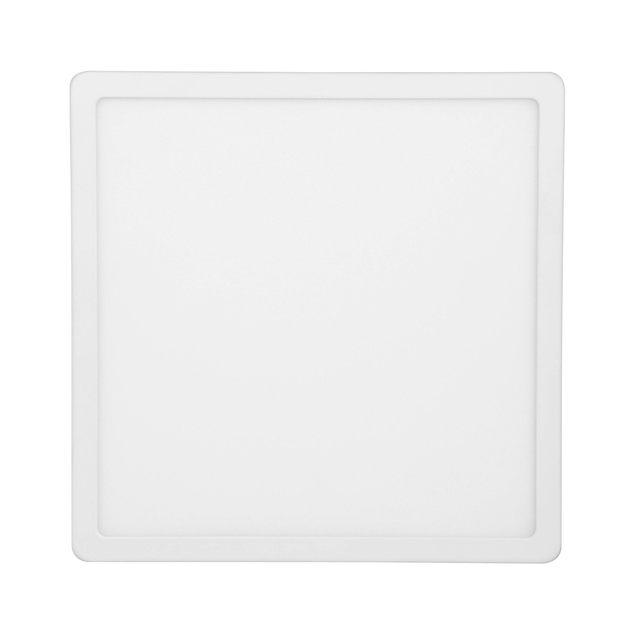 Un pannello LED quadrato bianco, su sfondo bianco. Il pannello ha un bordo sottile.