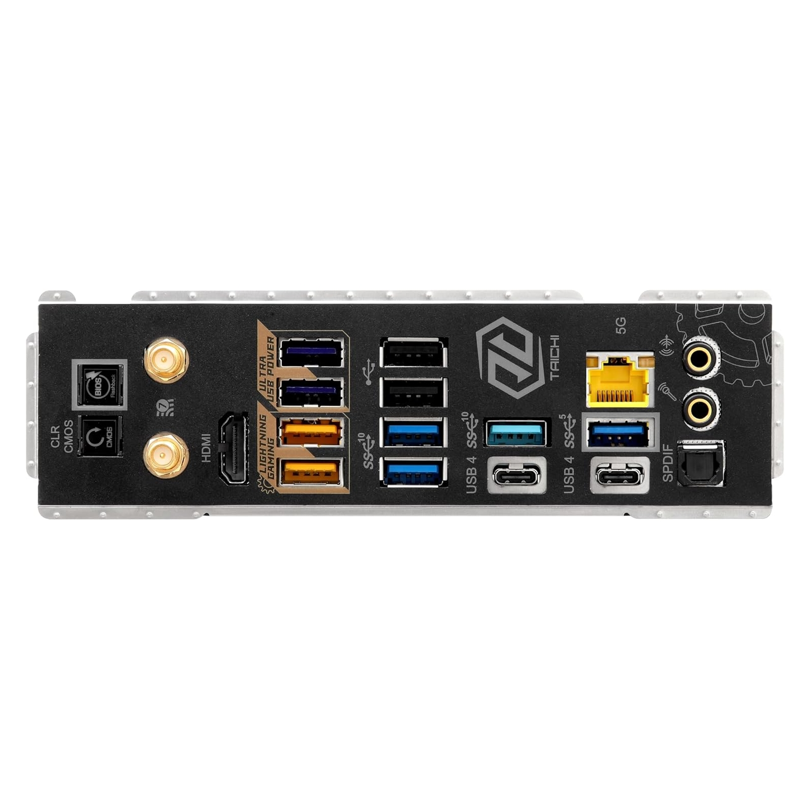 Panel tylny płyty głównej z różnymi portami, w tym USB, HDMI i audio. Etykiety tekstowe identyfikują porty.