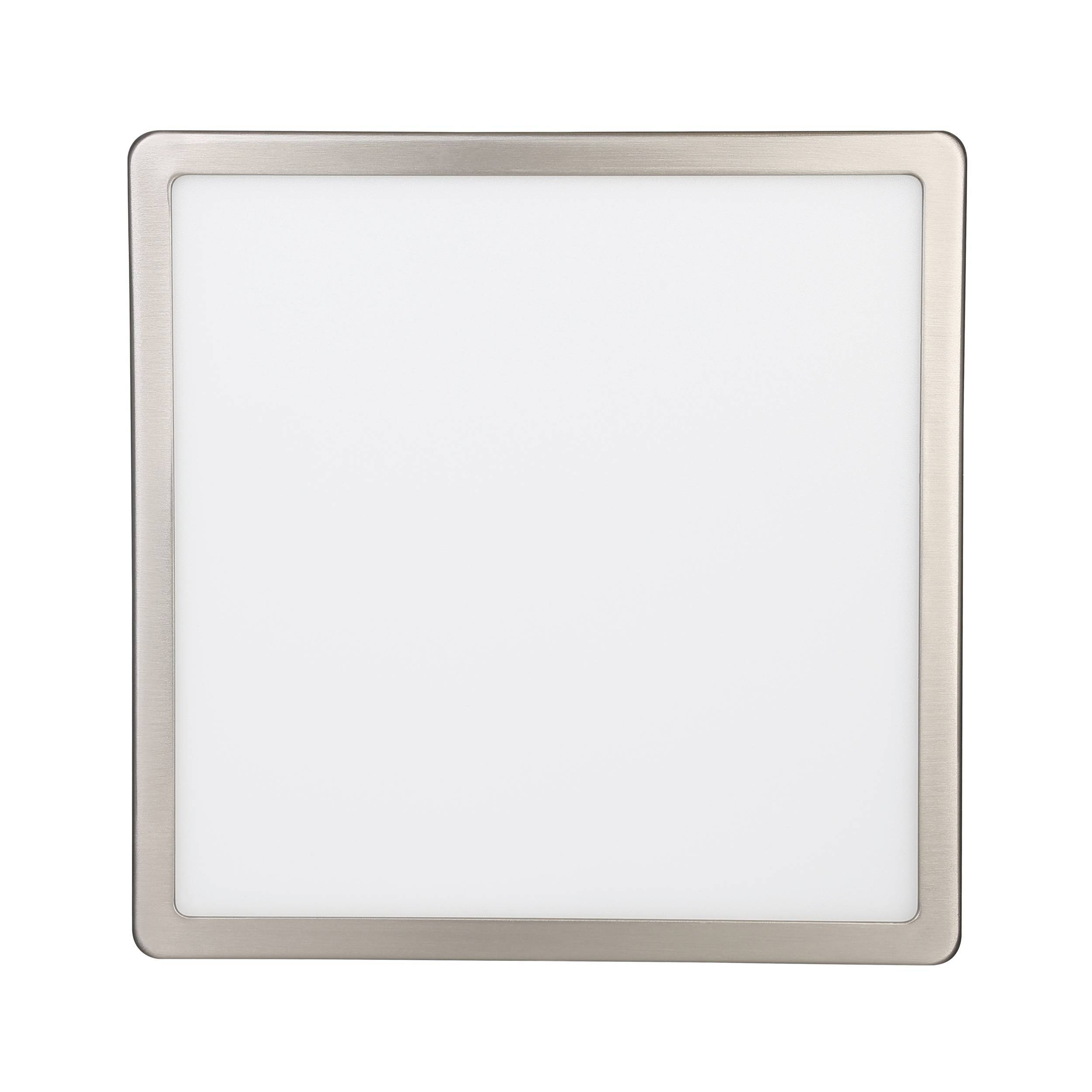 Apparecchio di illuminazione a LED quadrato con cornice argentata e centro bianco, su sfondo bianco.