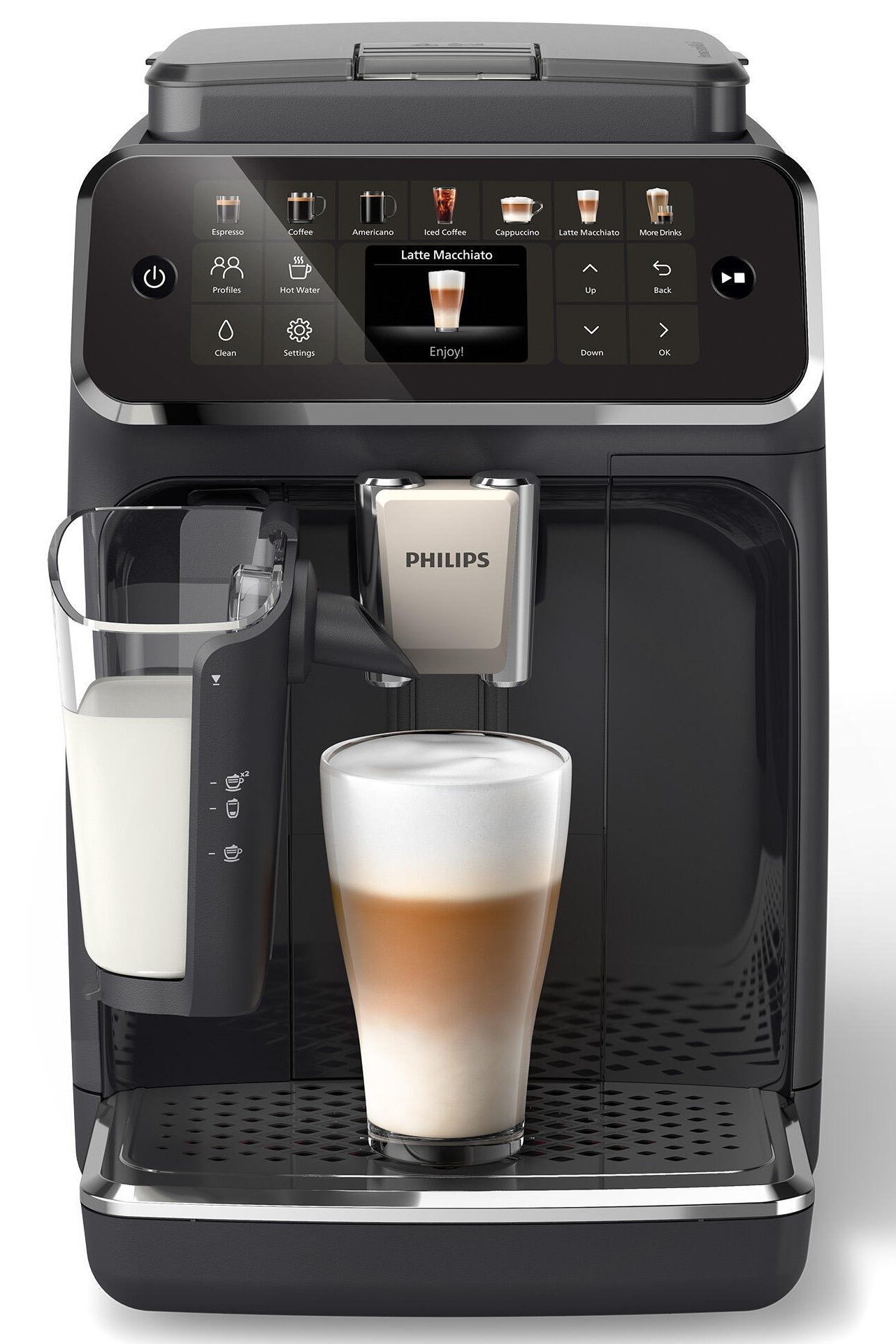 Czarny ekspres do kawy Philips Latte Macchiato ze szklanką mleka i szklanką kawy z pianką.