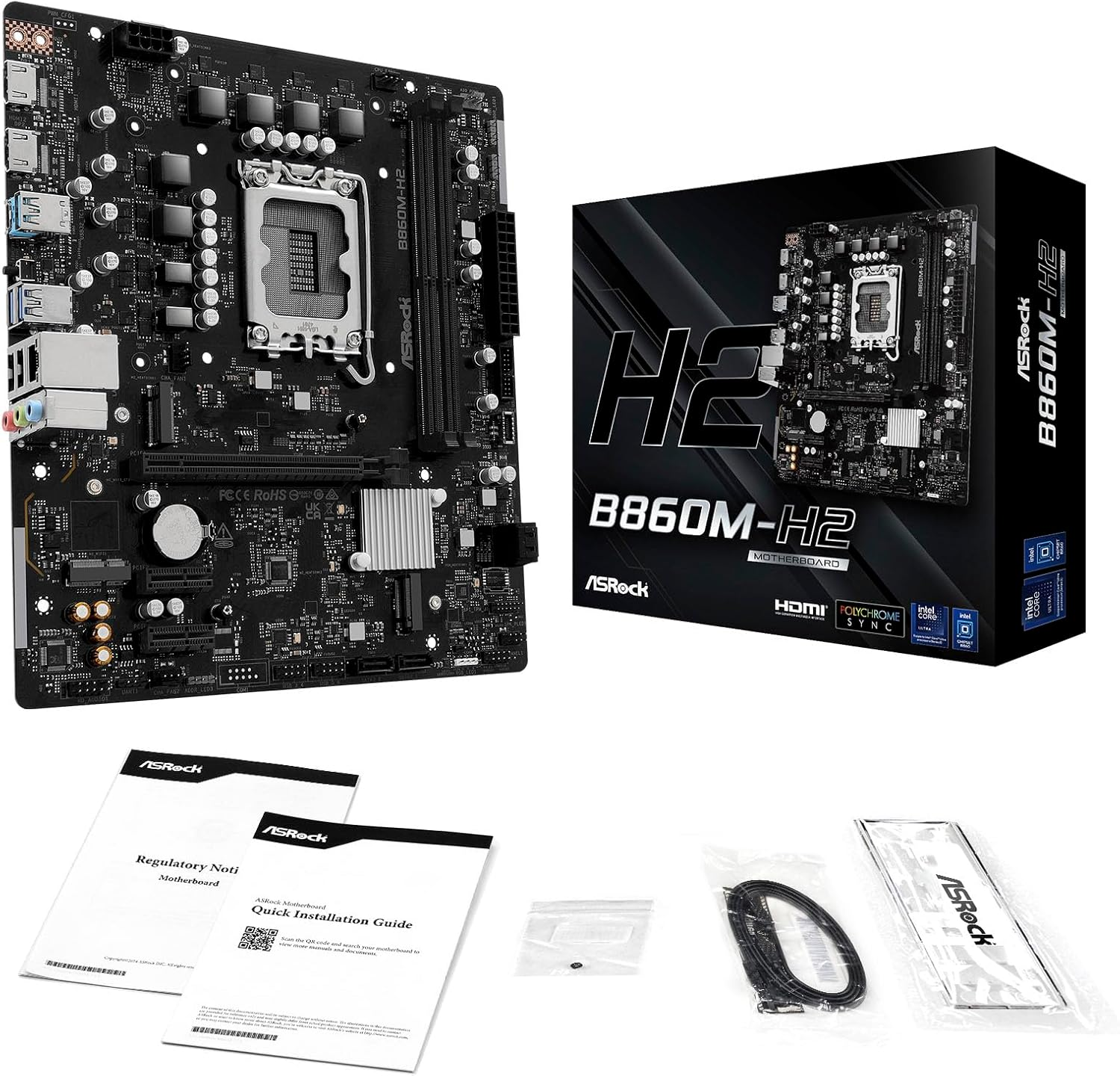 Płyta główna komputera, pudełko i akcesoria. Płyta główna jest czarna, z różnymi komponentami. Pudełko wyświetla płytę główną.