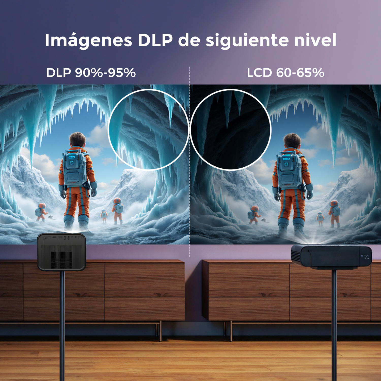Compara proyecciones DLP y LCD. Astronautas exploran paisajes helados. Proyectores debajo de un mueble de madera.