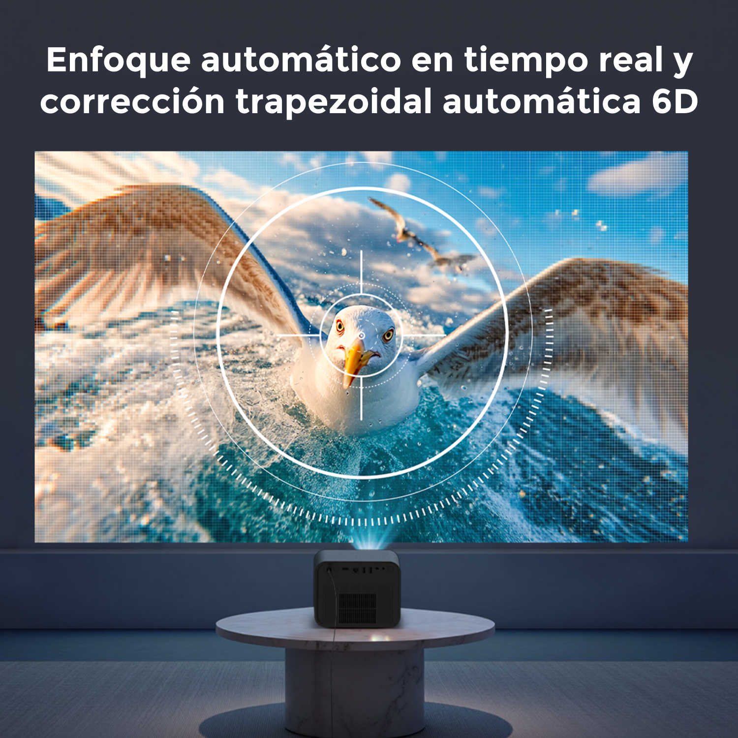 Un proyector muestra una gaviota en vuelo. La imagen está en una pared. Un pequeño proyector está sobre una mesa debajo.
