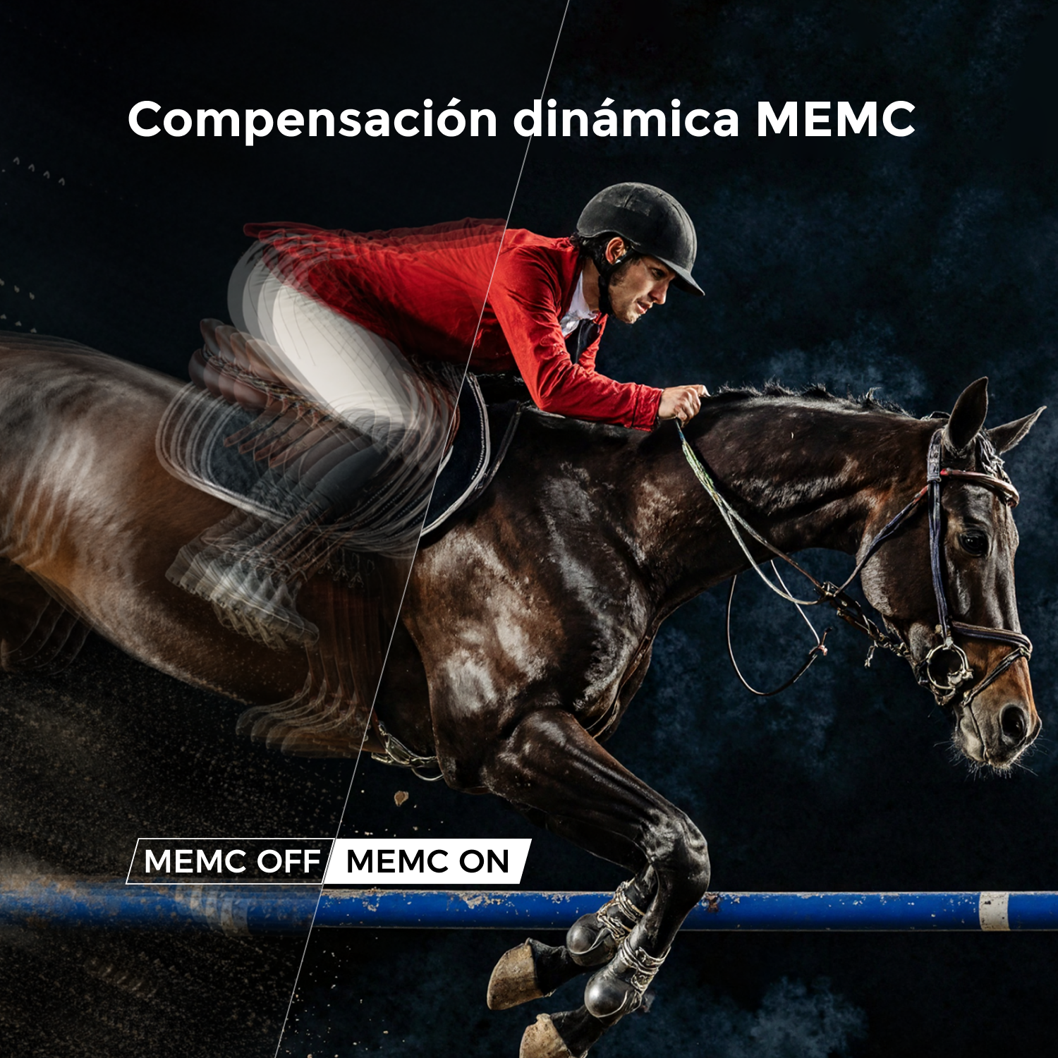 Un jinete en un caballo salta sobre una barra azul. La imagen muestra el efecto de MEMC en la claridad del movimiento. El texto indica "MEMC OFF" y "MEMC ON".