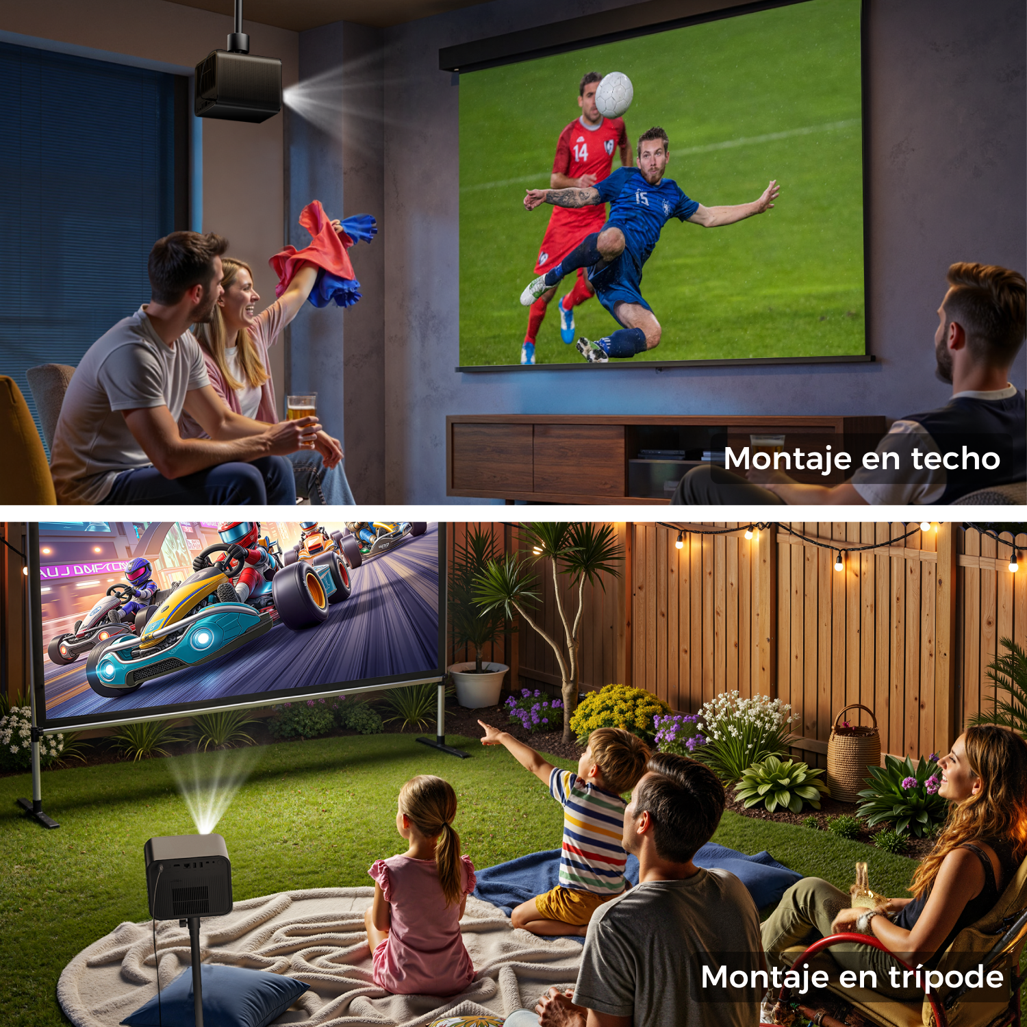Dos escenas: Personas viendo un partido de fútbol en interiores y un juego de carreras de karts al aire libre con proyectores.