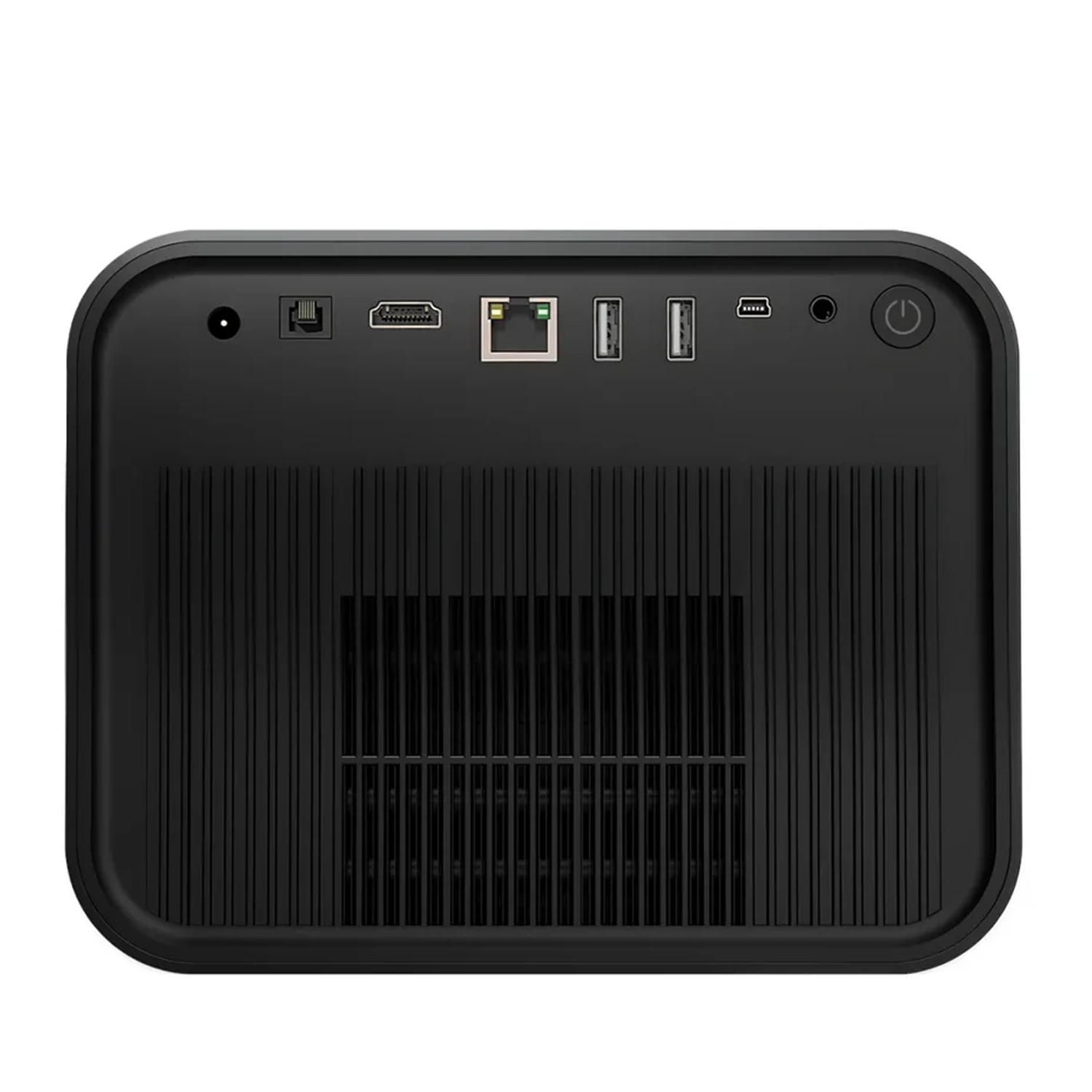 Parte trasera de dispositivo electrónico negro con puertos: alimentación, Ethernet, HDMI, USB y botón de encendido. Líneas verticales cubren la superficie.