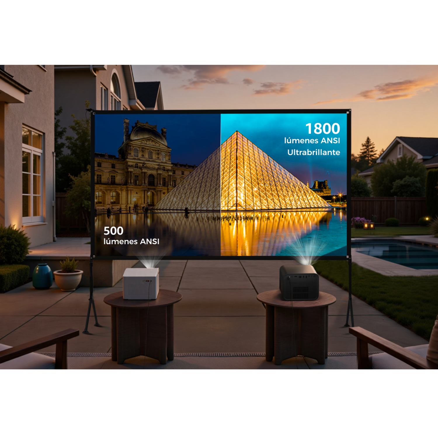 Una pantalla muestra dos imágenes, una del Louvre de noche y otra de una pirámide iluminada. Proyectores sobre mesas.