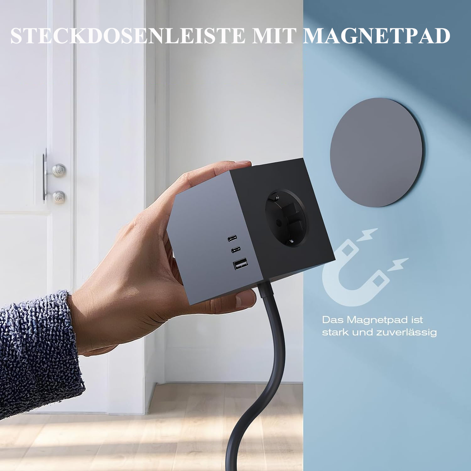 Eine Hand hält eine schwarze Steckdosenleiste mit einem runden Magnetpad an einer blauen Wand. Text: Steckdosenleiste mit Magnetpad.