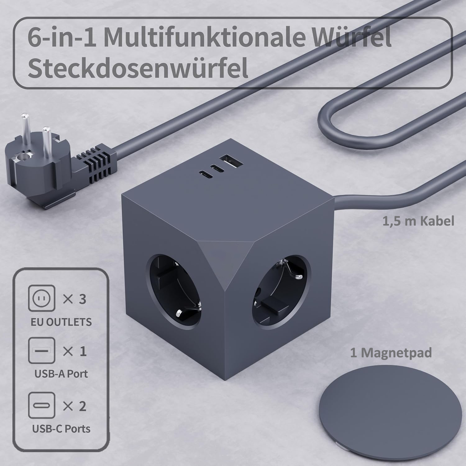 Ein dunkelgrauer Power-Cube mit Steckdosen, USB-Anschlüssen und einem Stecker. Es hat ein Magnetpad und Kabel. Text: 6-in-1 Multifunktionale Würfel.