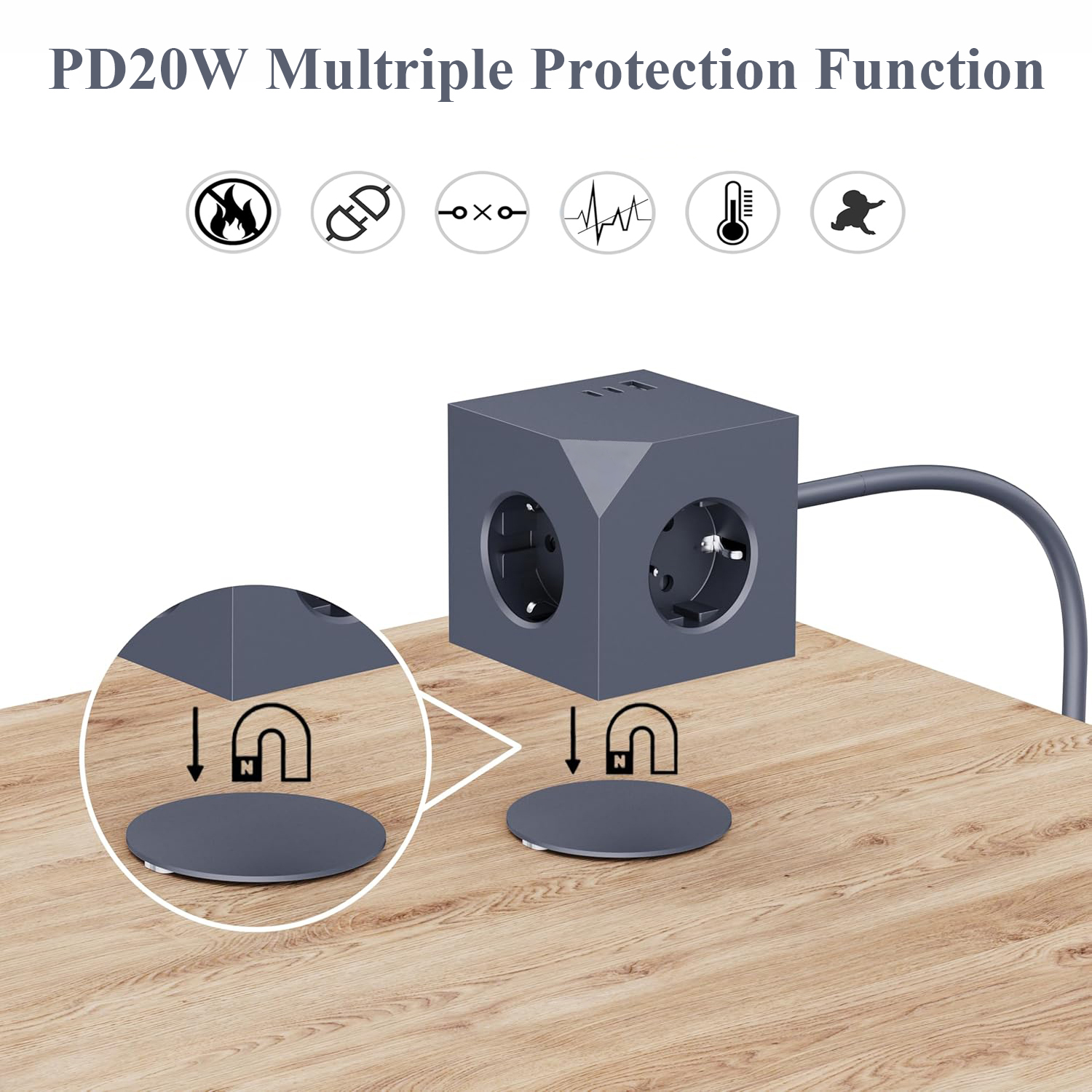 Grauer Würfel-Steckerleiste mit mehreren Steckdosen und Symbolen. Eine Holzoberfläche. Eine magnetische Basis wird gezeigt. Der Text oben lautet 'PD20W Multiple Protection Function'.