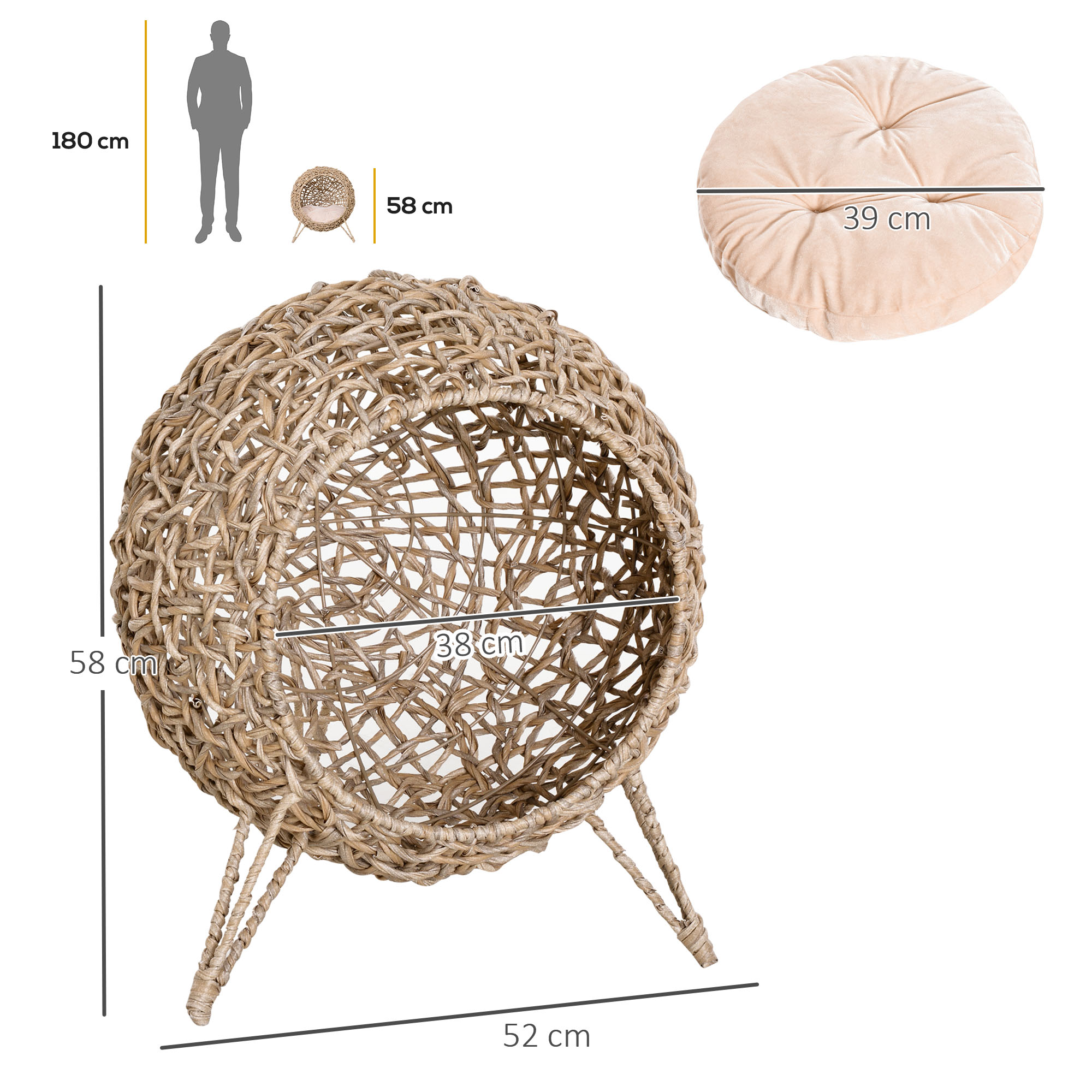 Una cama para gatos tejida, de 58 cm de alto y 52 cm de ancho, con una abertura de 38 cm. Un cojín beige, de 39 cm de ancho, está al lado.