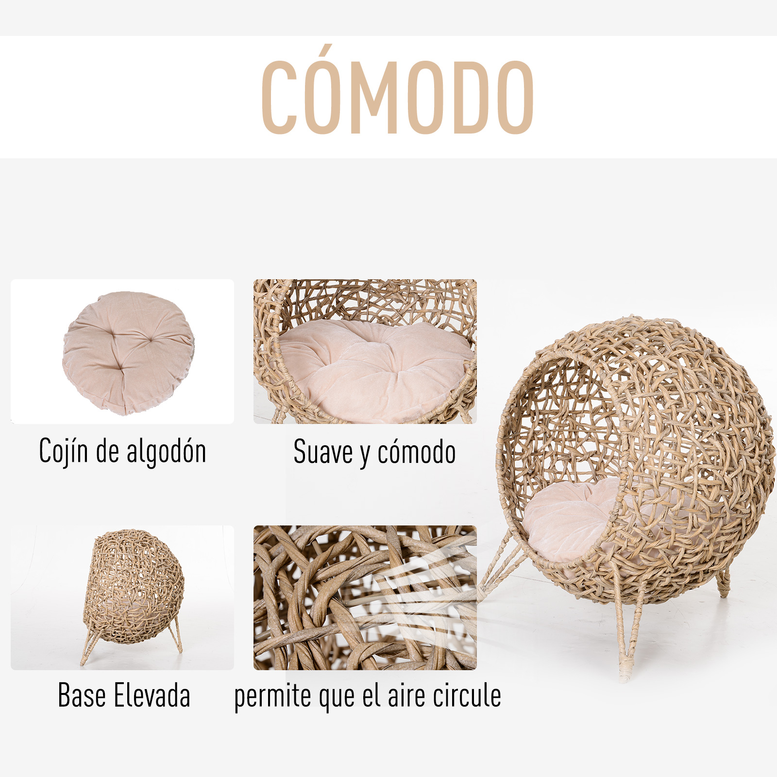Una cama para mascotas tejida beige. Tiene forma redonda con un cojín suave de color rosa claro en el interior. La cama tiene cuatro patas y la palabra 'Cómodo' arriba.
