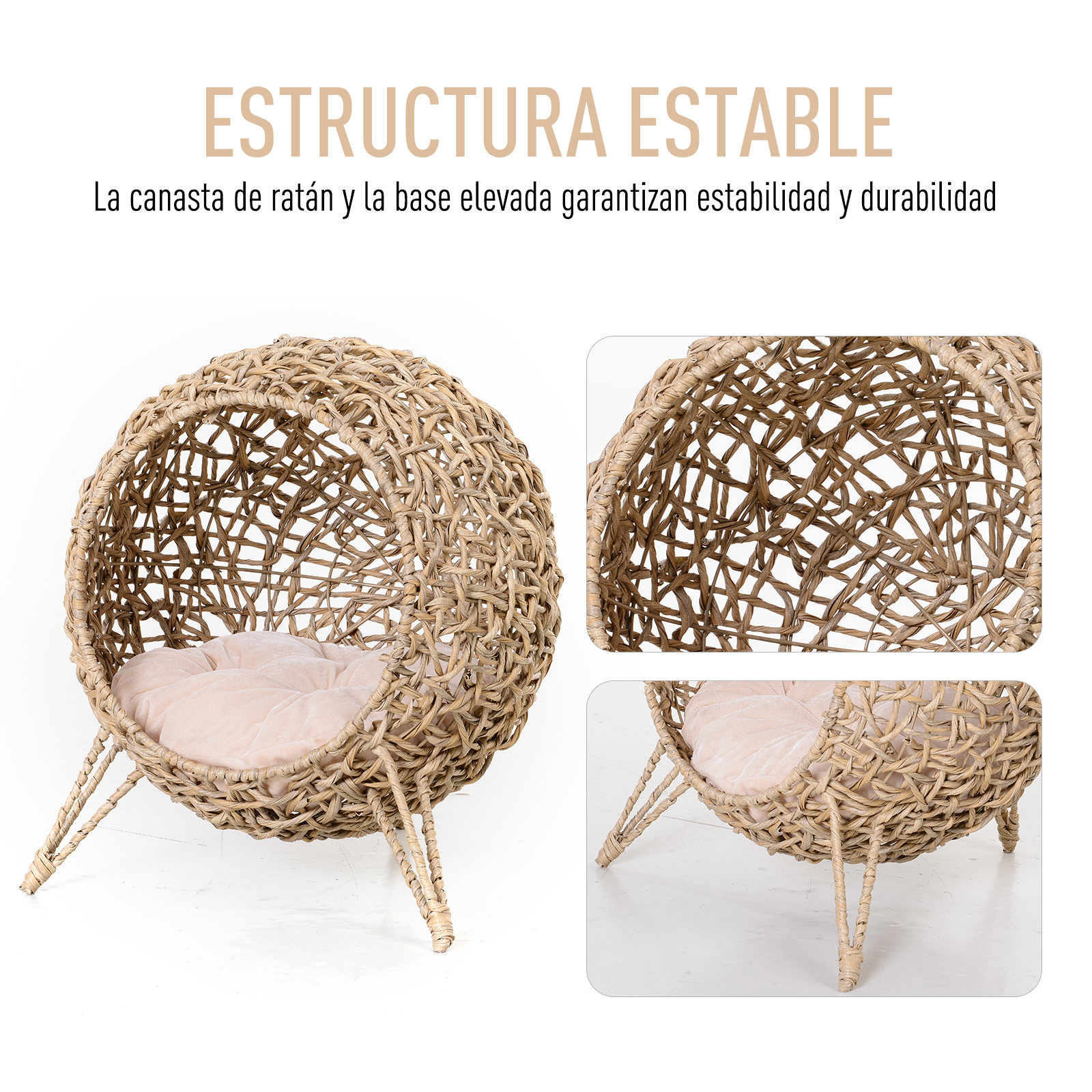 Una cama para mascotas de ratán tejido, en forma de huevo, con un cojín beige suave en el interior. Tiene una base estable y está elevada sobre patas.