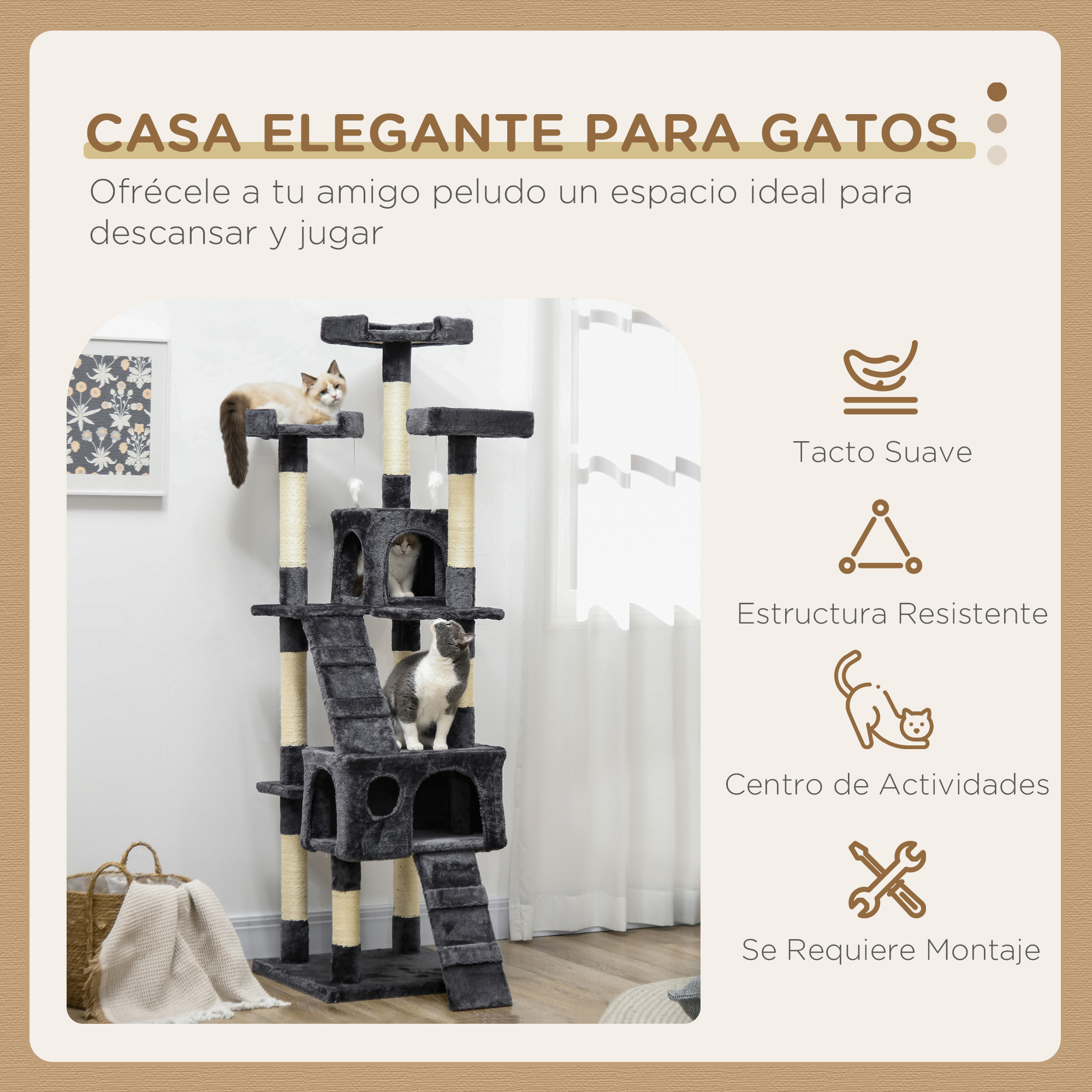 Un árbol para gatos de varios niveles con múltiples plataformas, postes para rascar y una escalera. Hay tres gatos en el árbol.