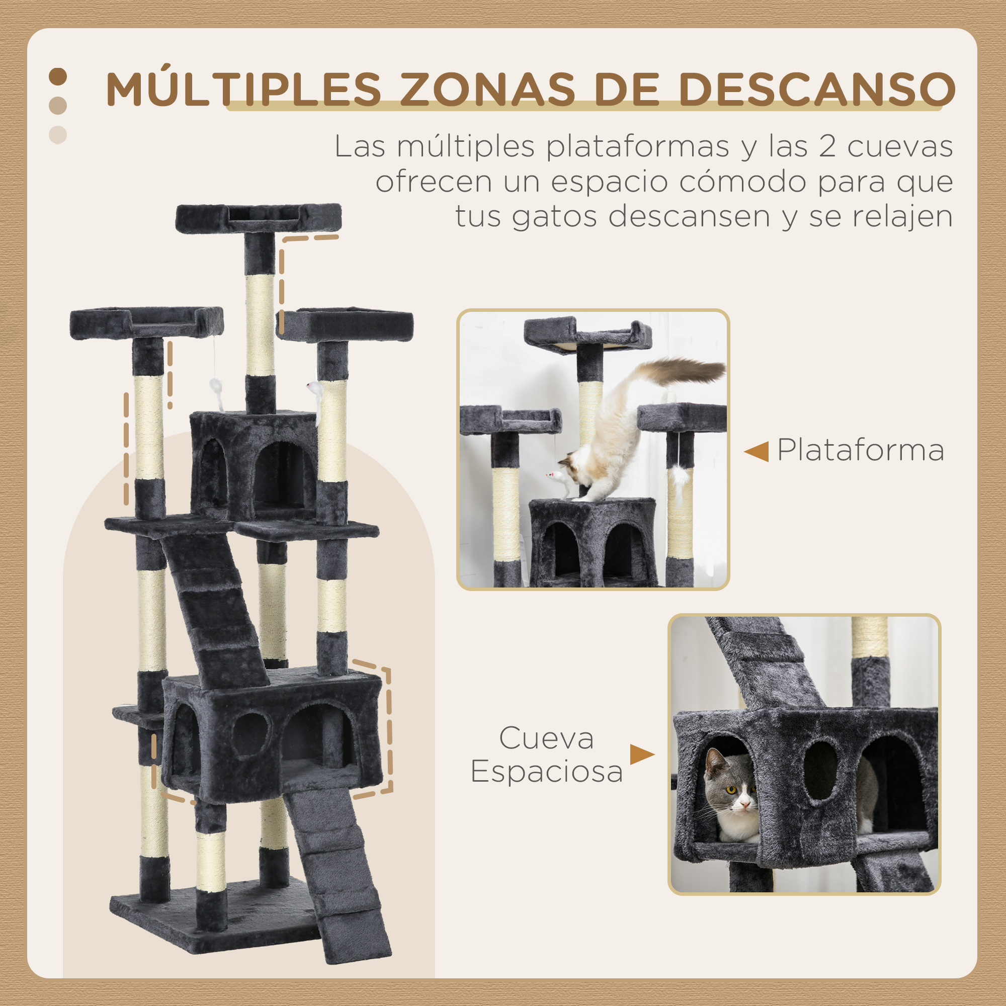 Un árbol para gatos con múltiples plataformas, un gato gris y postes rascadores beige. Texto en español describe las características.